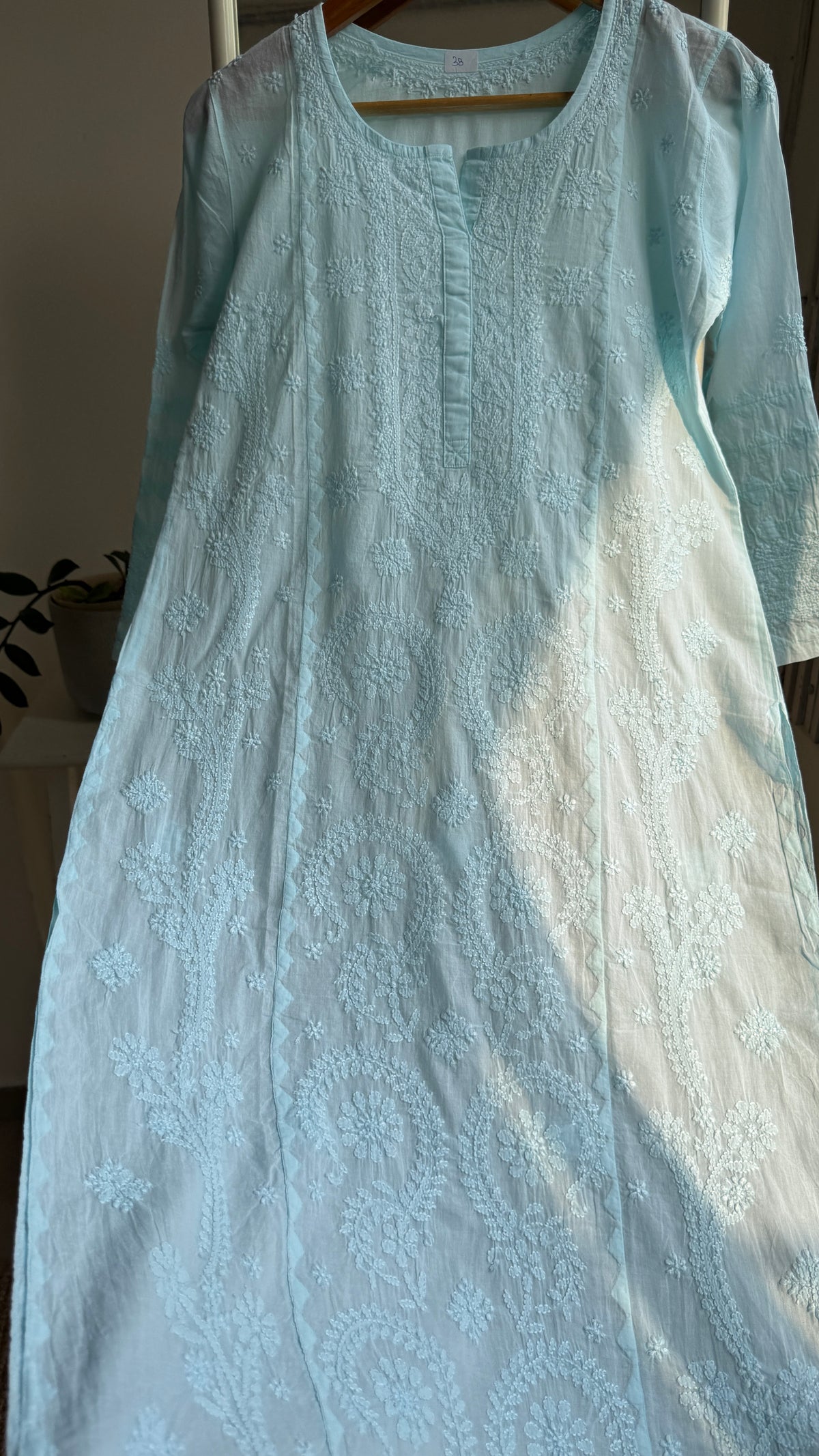 Mul Cotton Chikankari Kurti with white thread work - Cyan Blue - Fiza Collection