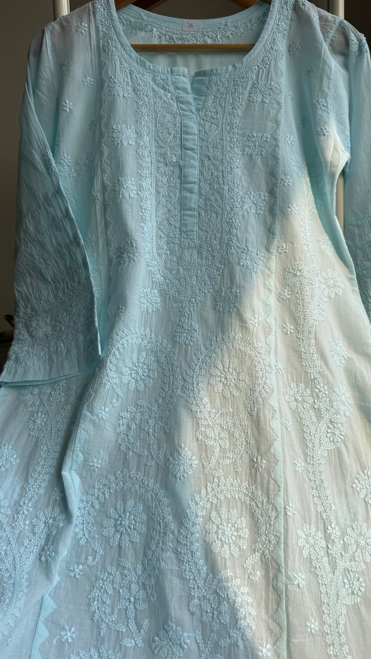Mul Cotton Chikankari Kurti with white thread work - Cyan Blue - Fiza Collection