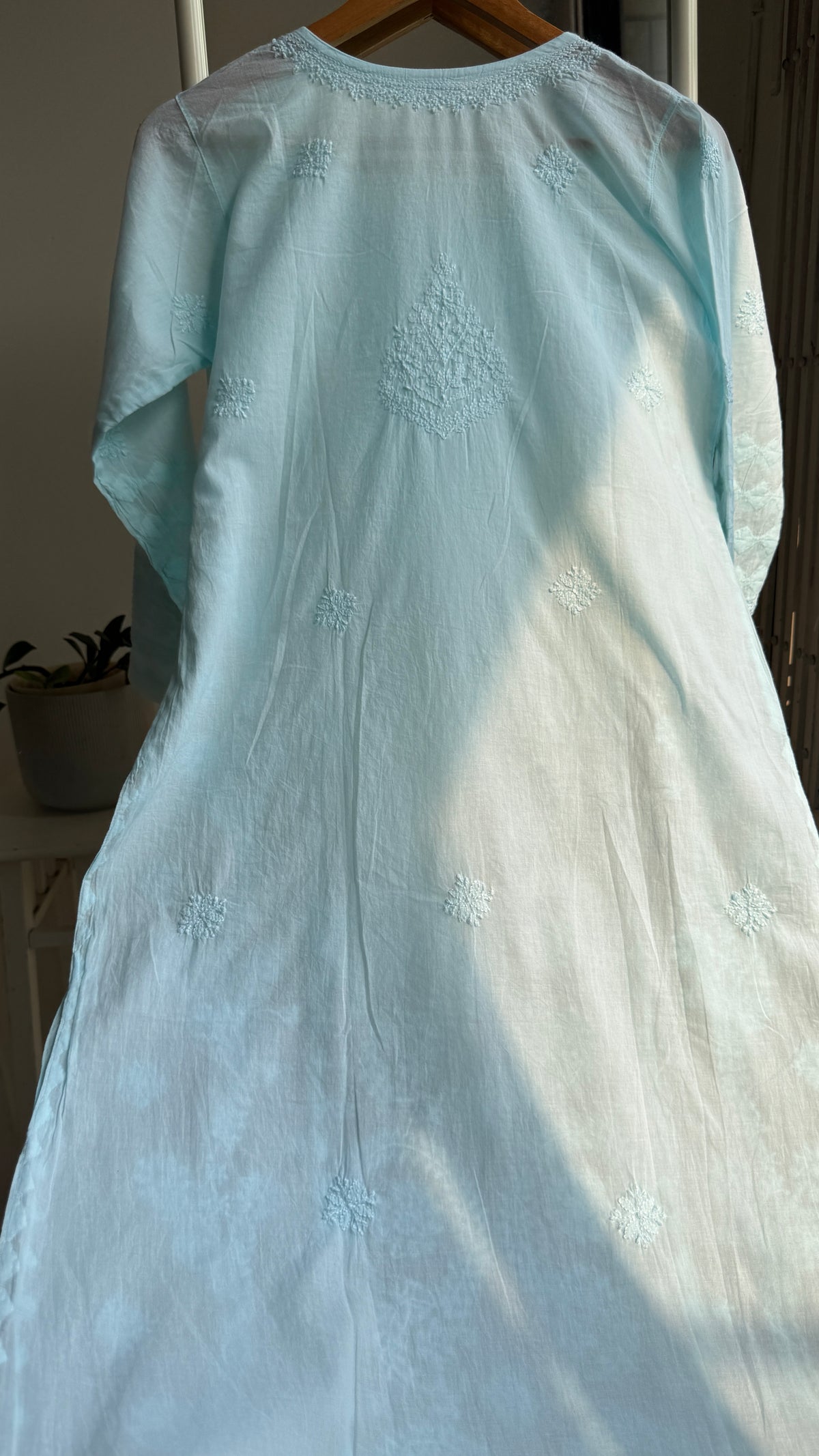 Mul Cotton Chikankari Kurti with white thread work - Cyan Blue - Fiza Collection