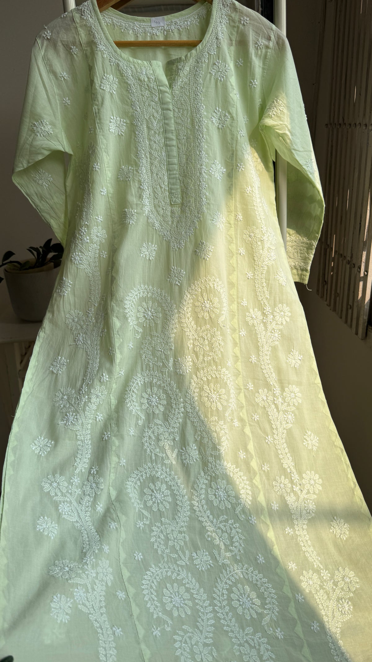 Mul Cotton Chikankari Kurti with white thread work - Green - Fiza Collection
