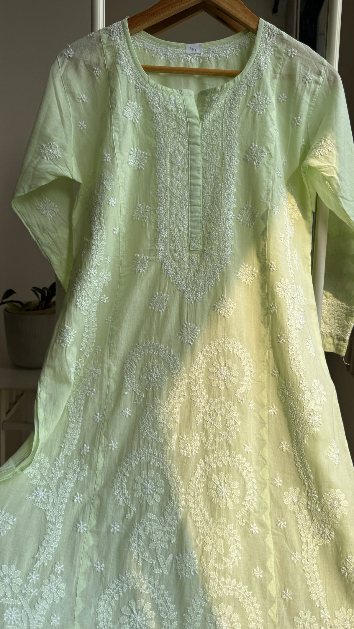 Mul Cotton Chikankari Kurti with white thread work - Green - Fiza Collection