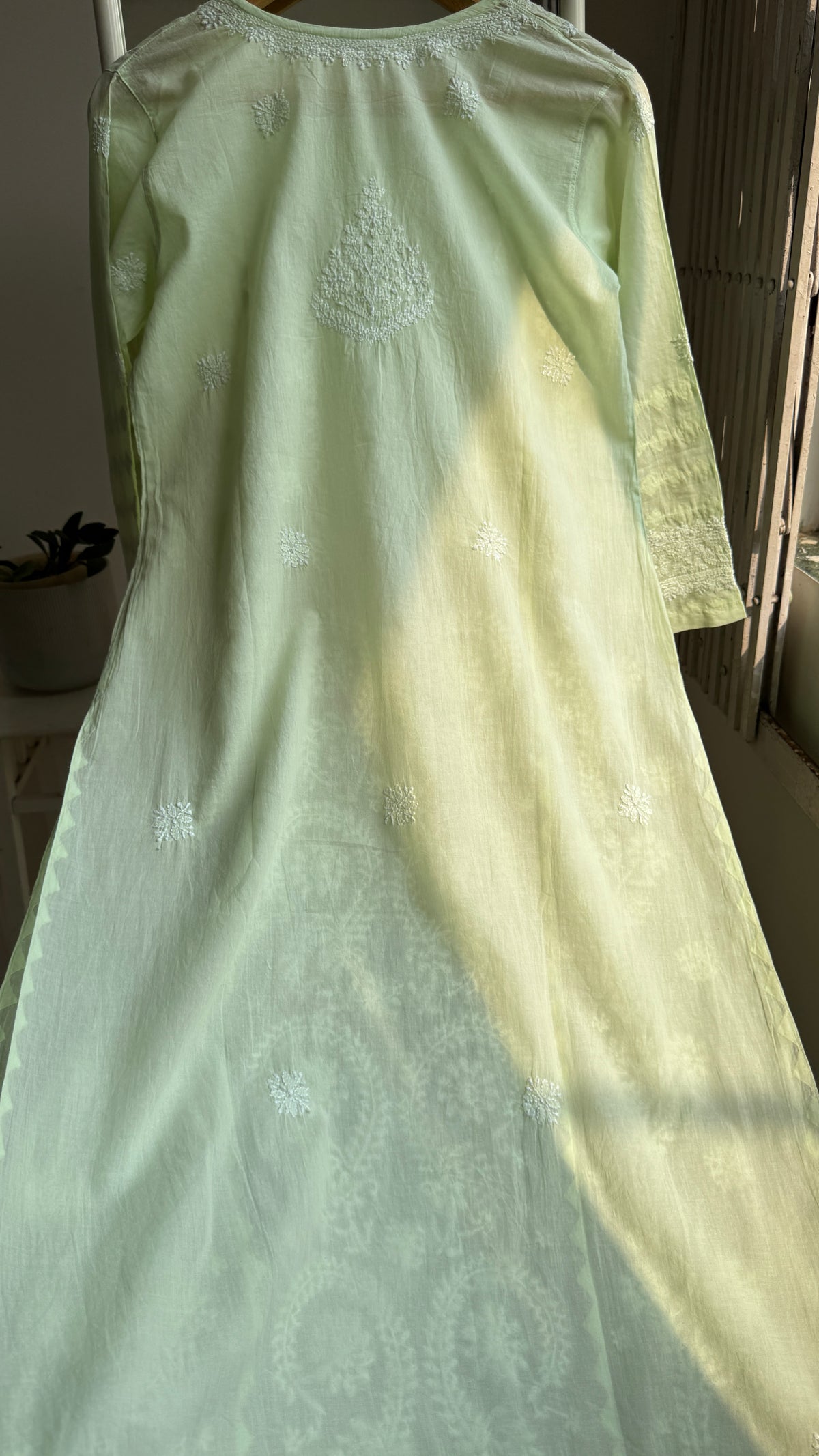 Mul Cotton Chikankari Kurti with white thread work - Green - Fiza Collection