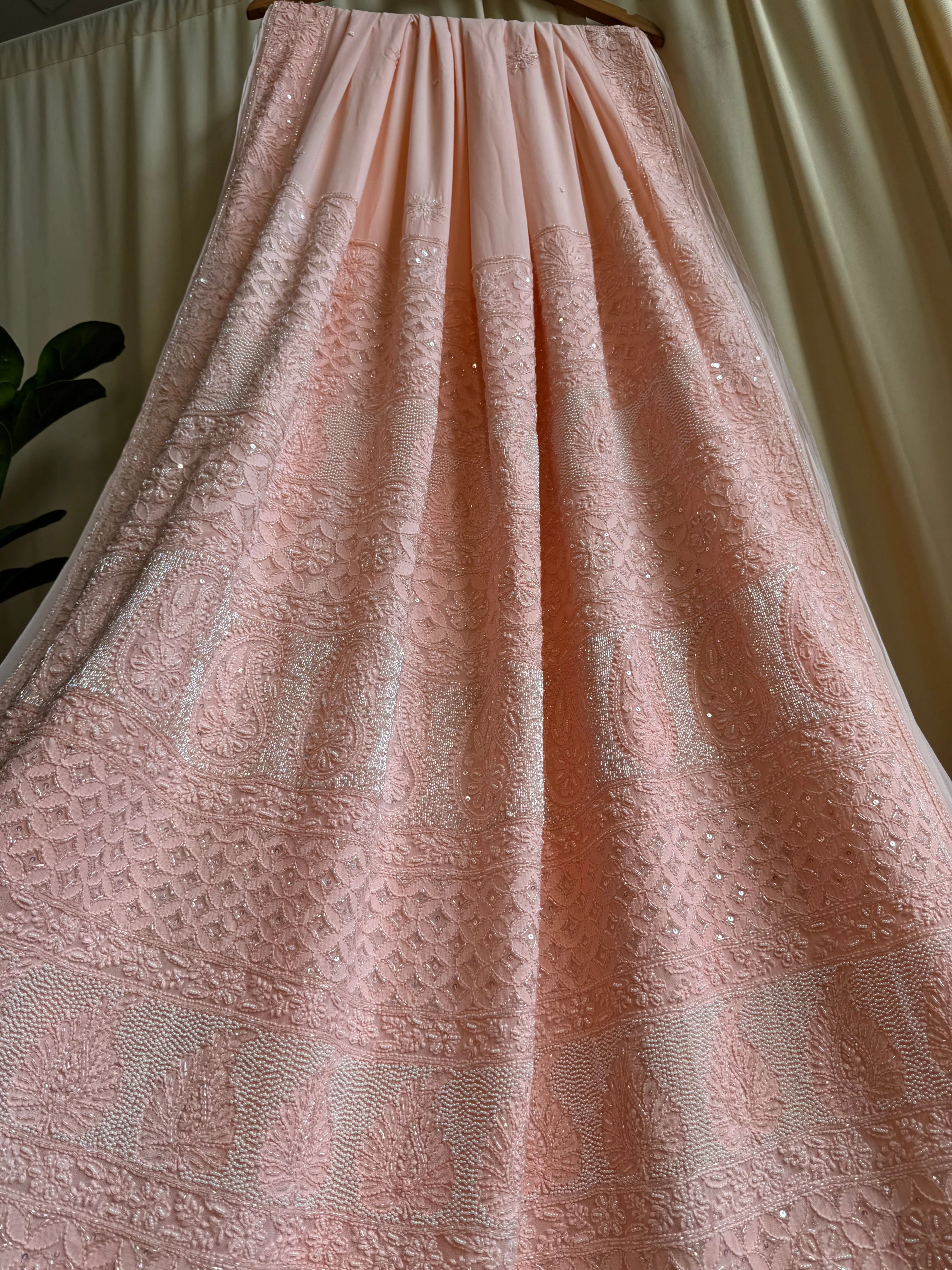 Viscose Pale Pink Chikankari saree with Pearl embellishments ARIAA CHIKANKARI 