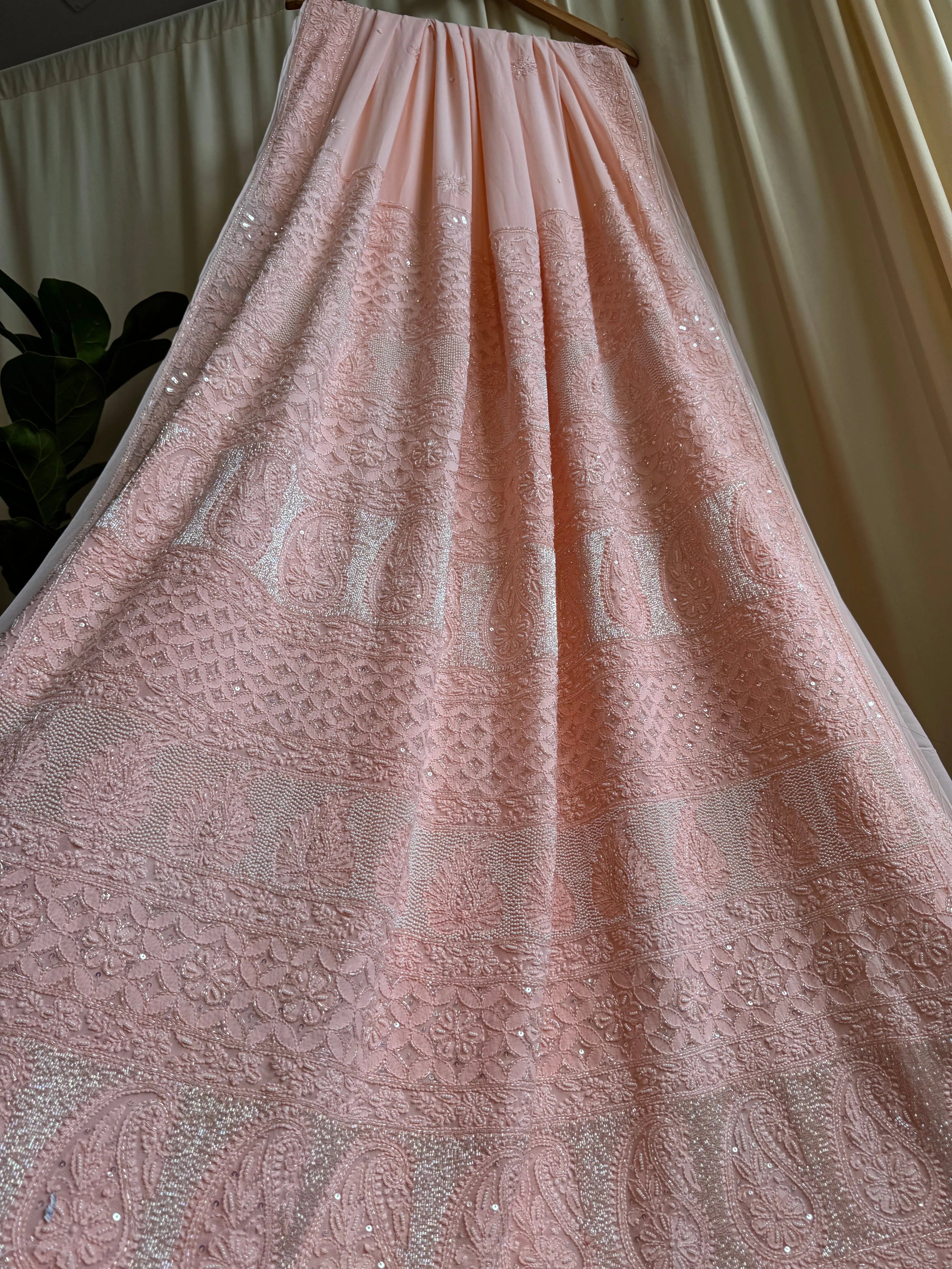 Viscose Pale Pink Chikankari saree with Pearl embellishments ARIAA CHIKANKARI 