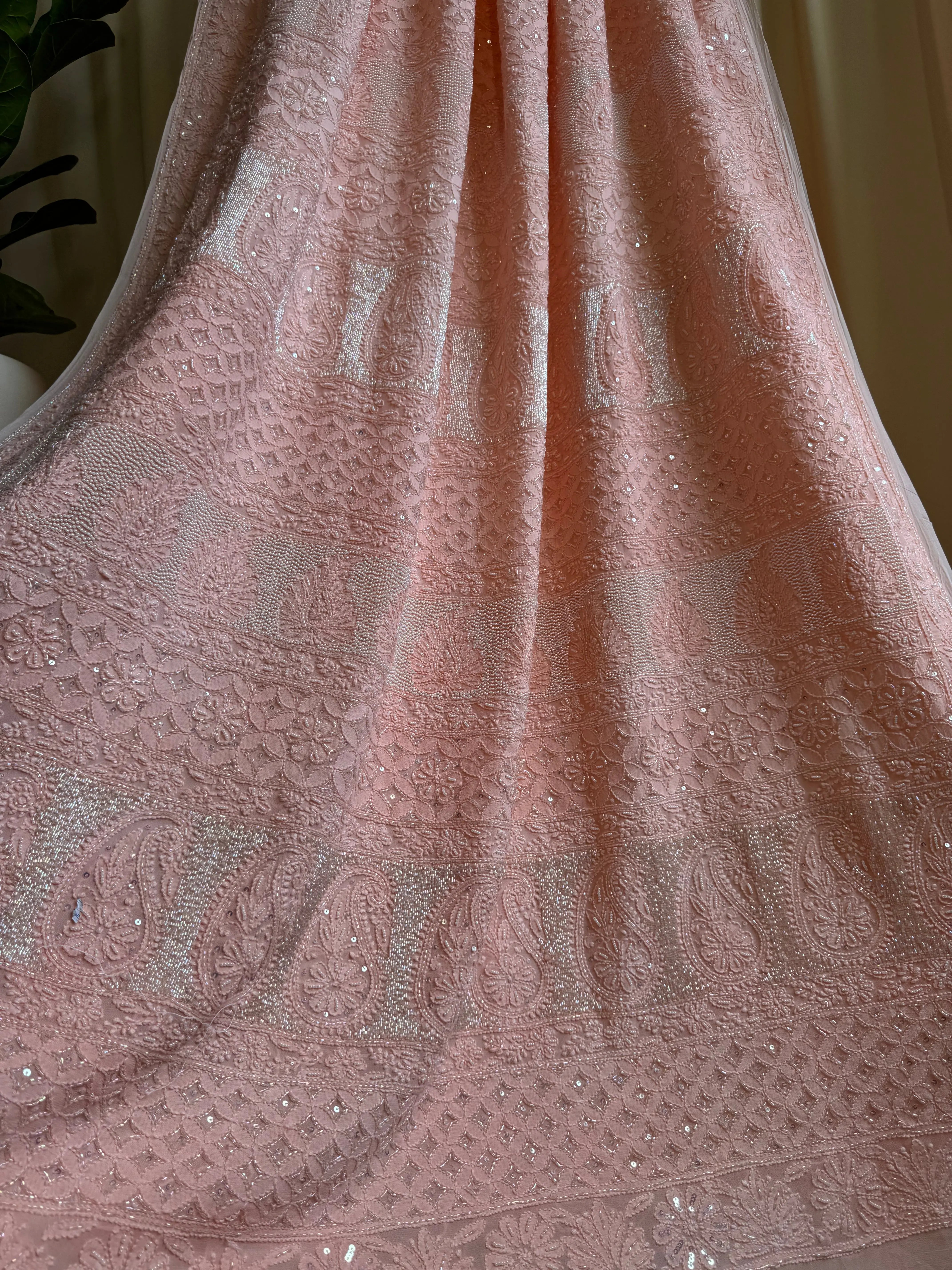 Viscose Pale Pink Chikankari saree with Pearl embellishments ARIAA CHIKANKARI 