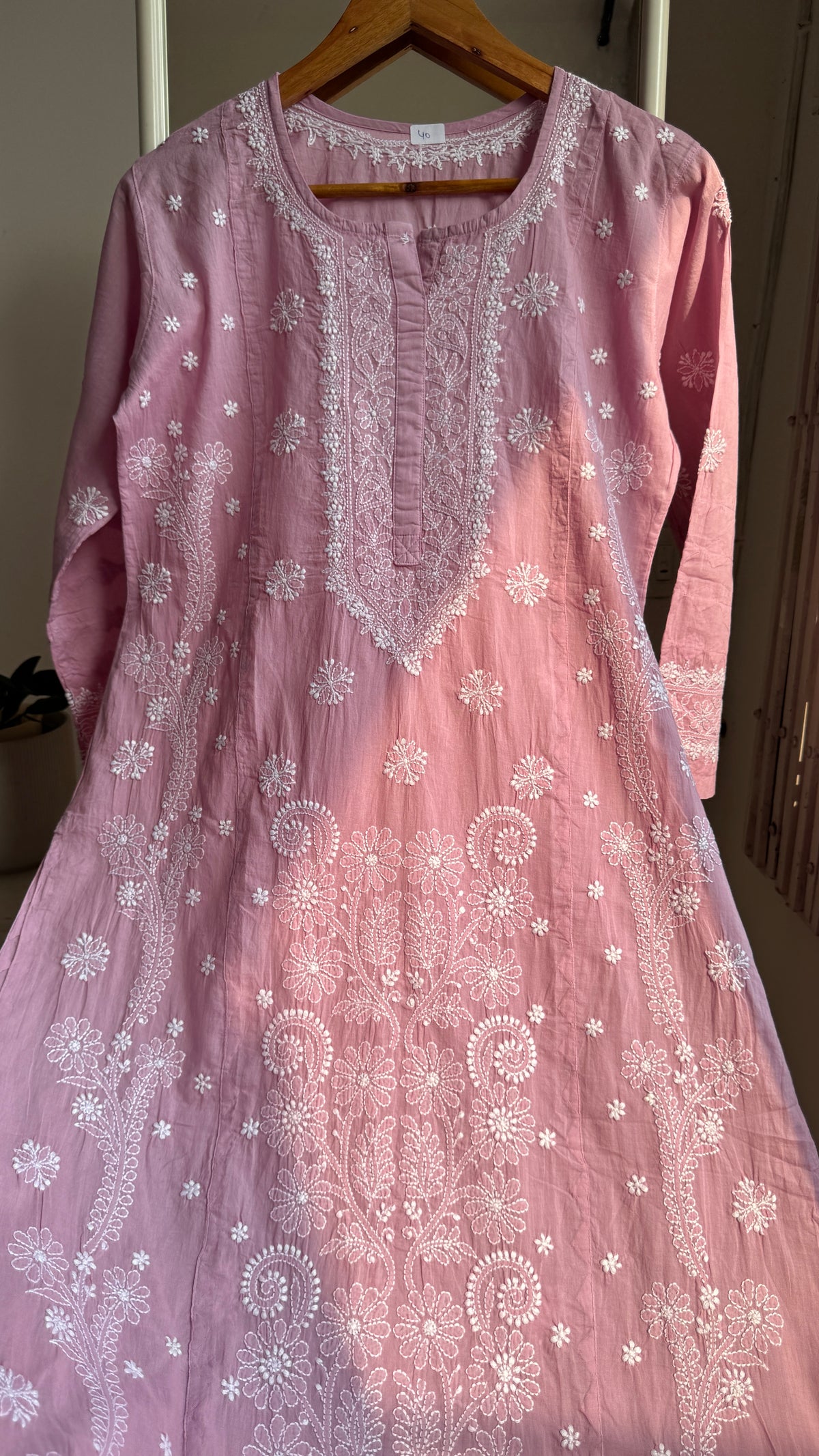 Mul Cotton Chikankari Kurti with white thread work - Mauve Pink - Fiza Collection