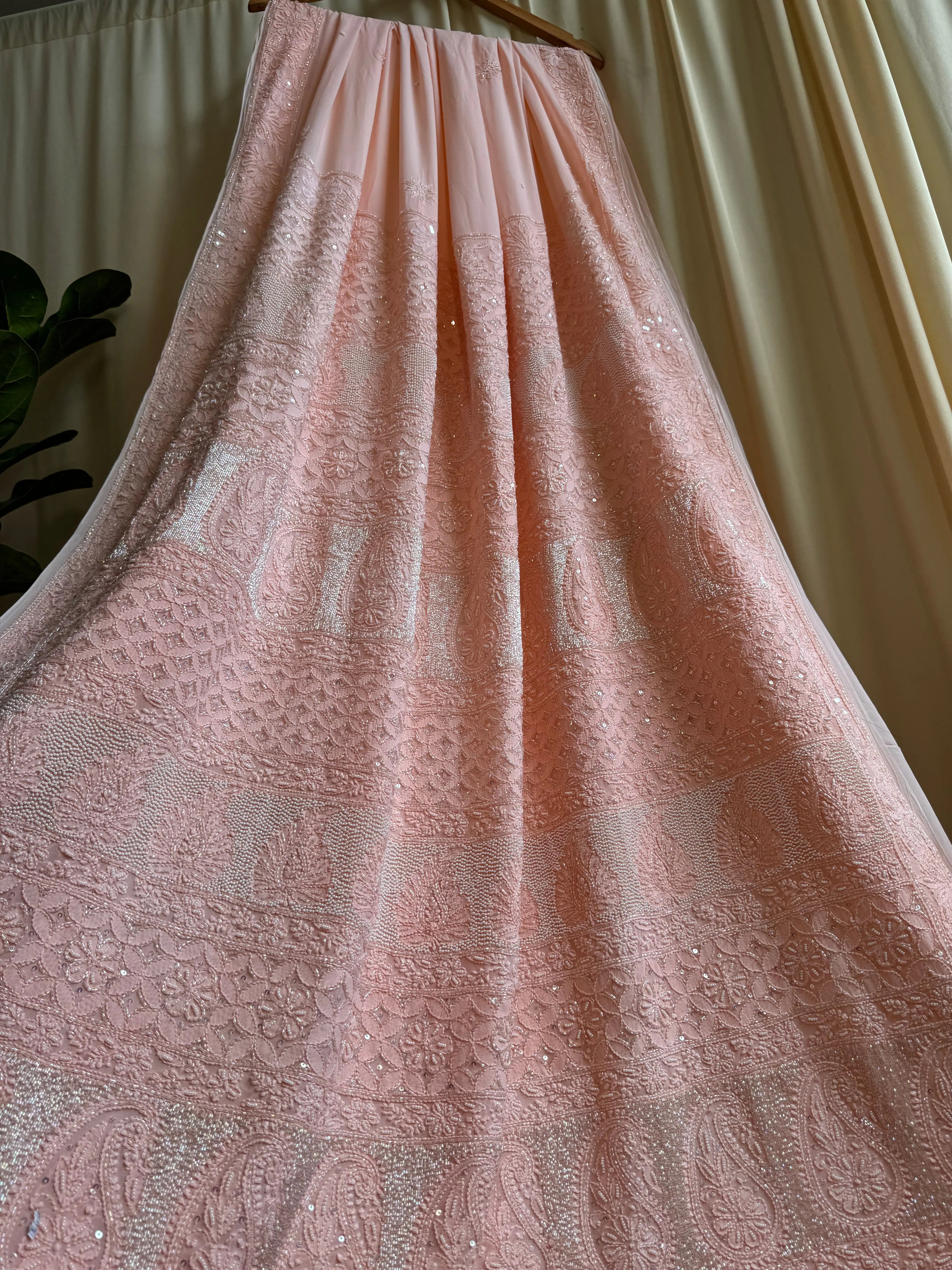 Viscose Pale Pink Chikankari saree with Pearl embellishments ARIAA CHIKANKARI 