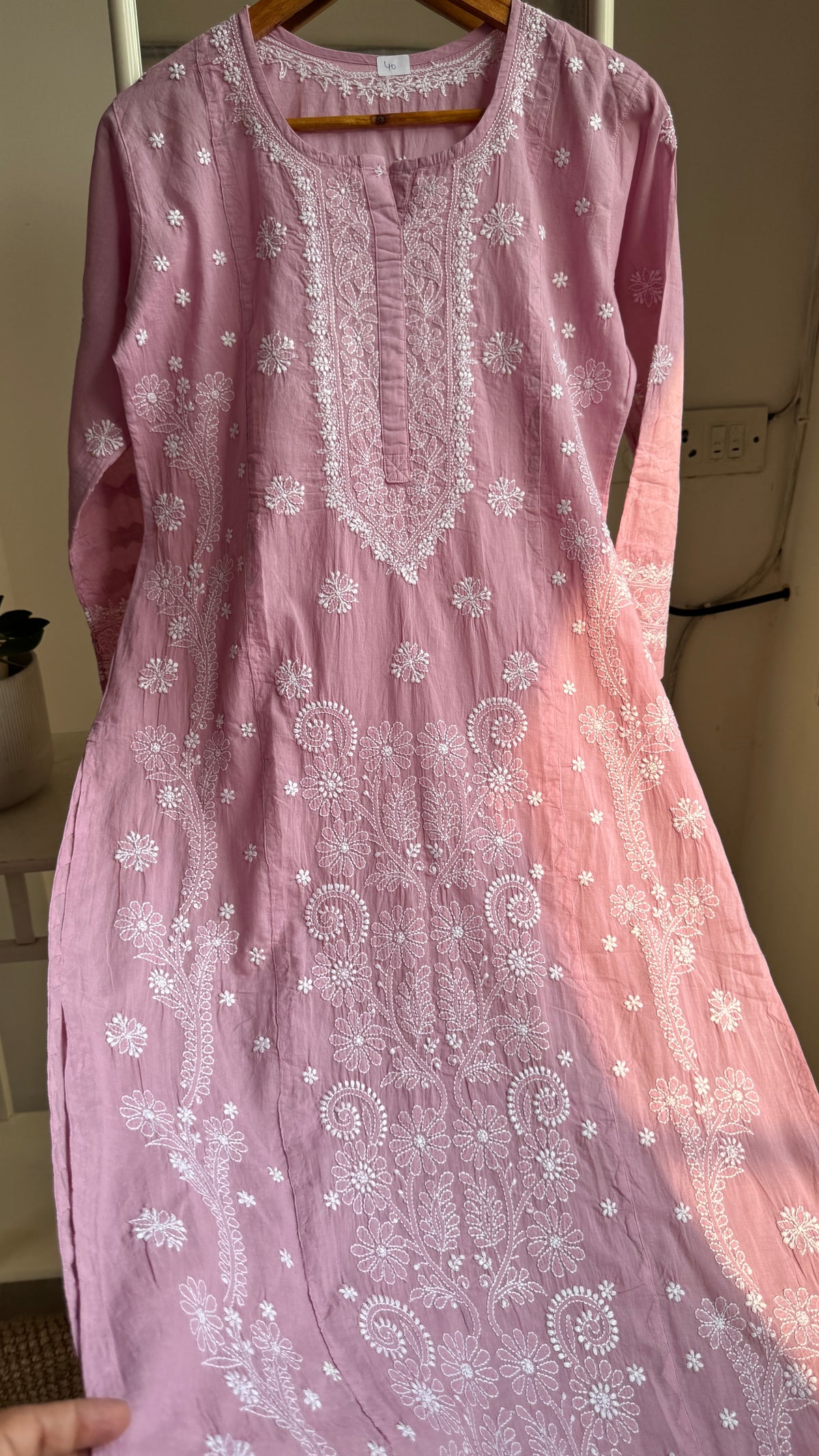 Mul Cotton Chikankari Kurti with white thread work - Mauve Pink - Fiza Collection