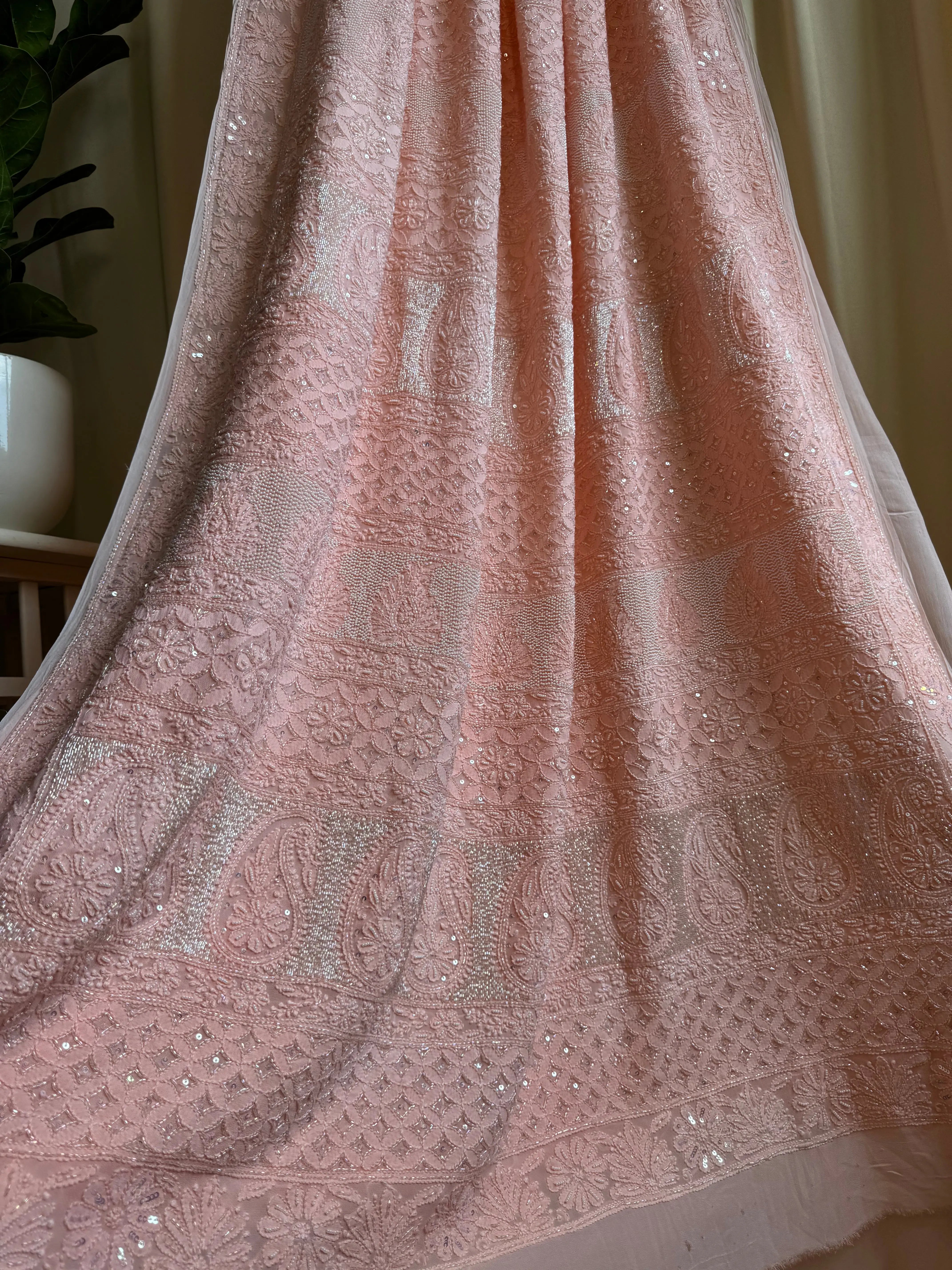 Viscose Pale Pink Chikankari saree with Pearl embellishments ARIAA CHIKANKARI 