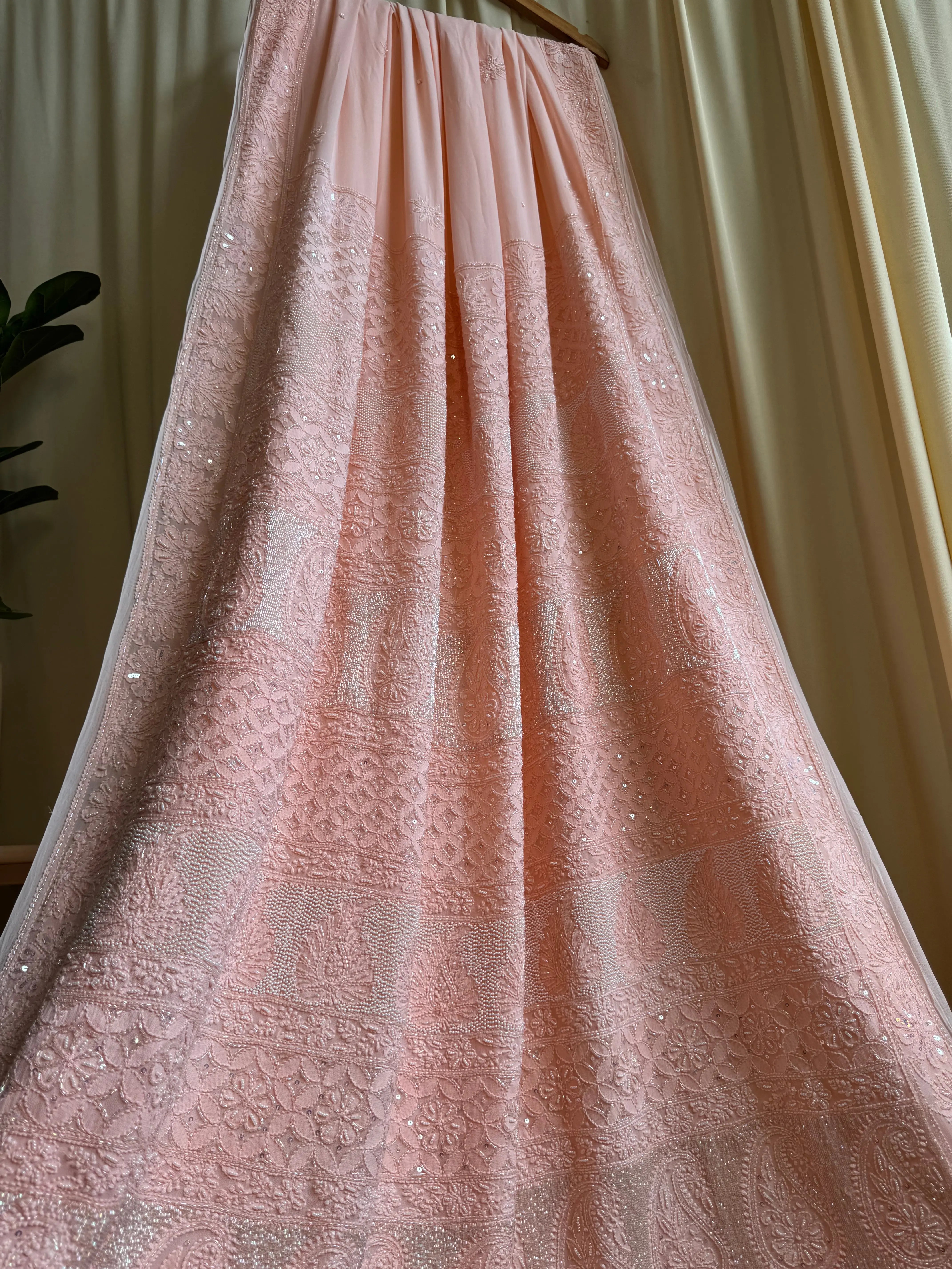 Viscose Pale Pink Chikankari saree with Pearl embellishments ARIAA CHIKANKARI 