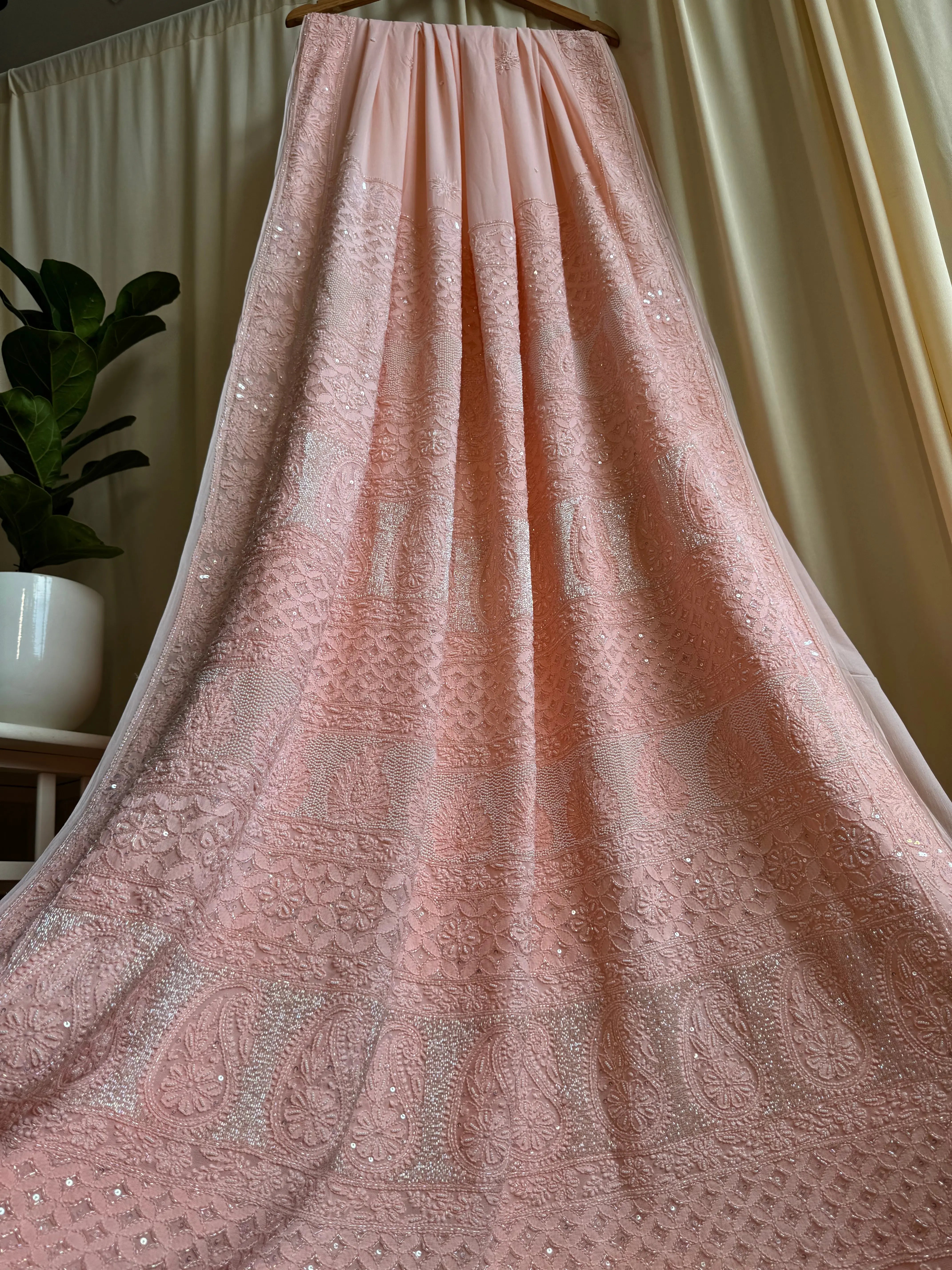 Viscose Pale Pink Chikankari saree with Pearl embellishments ARIAA CHIKANKARI 