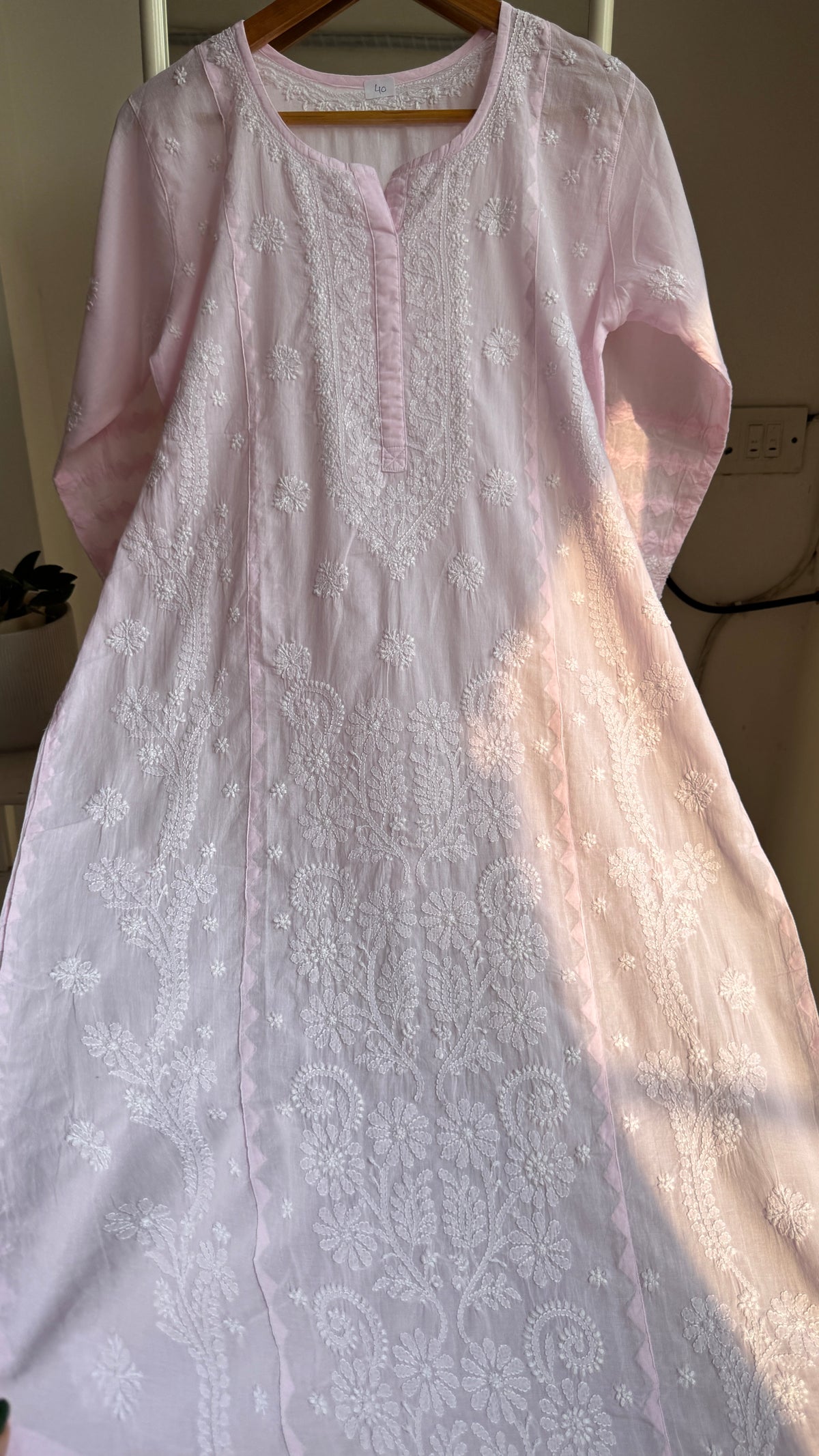 Mul Cotton Chikankari Kurti with white thread work - Pink - Fiza Collection