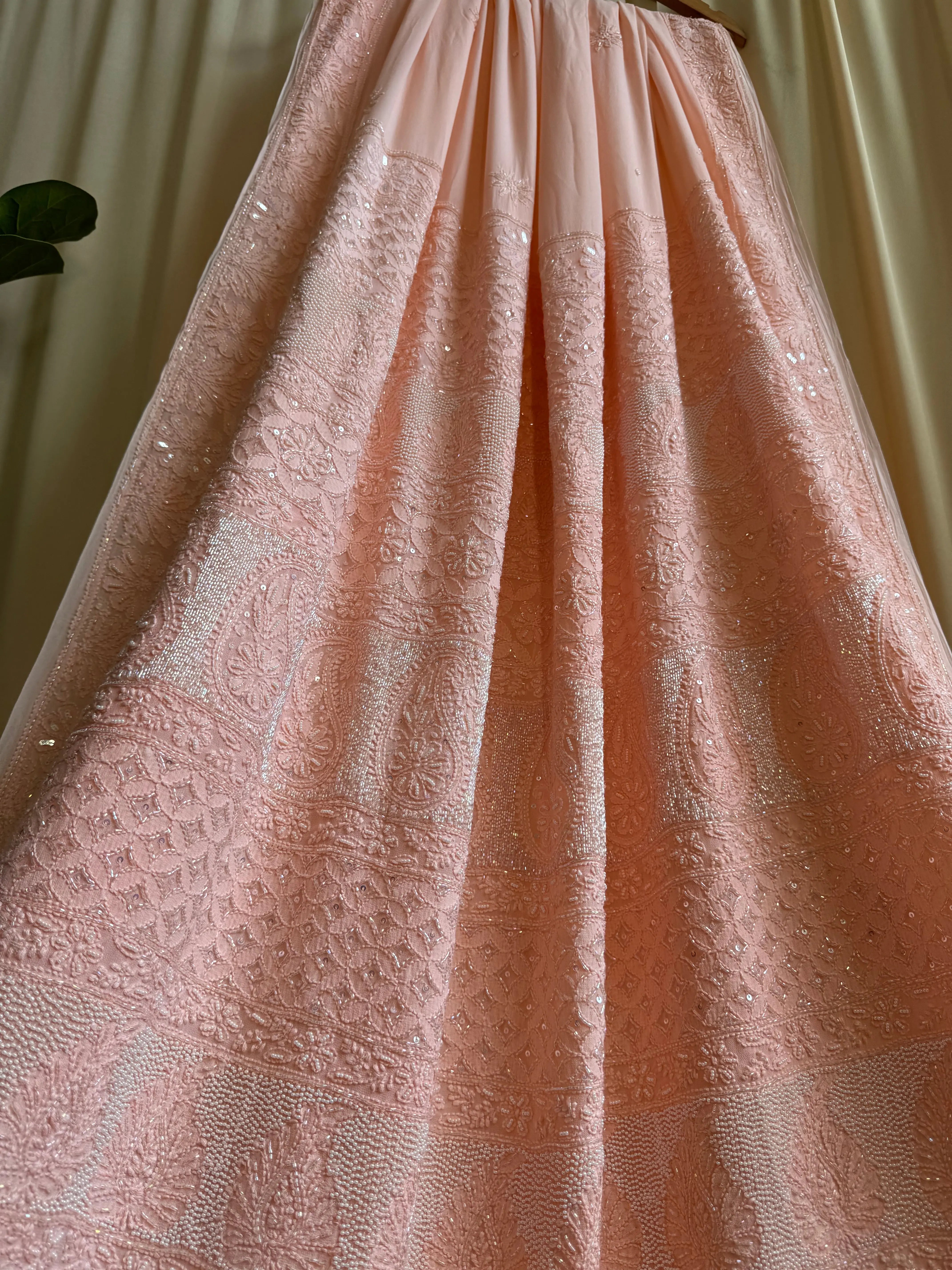 Viscose Pale Pink Chikankari saree with Pearl embellishments ARIAA CHIKANKARI 