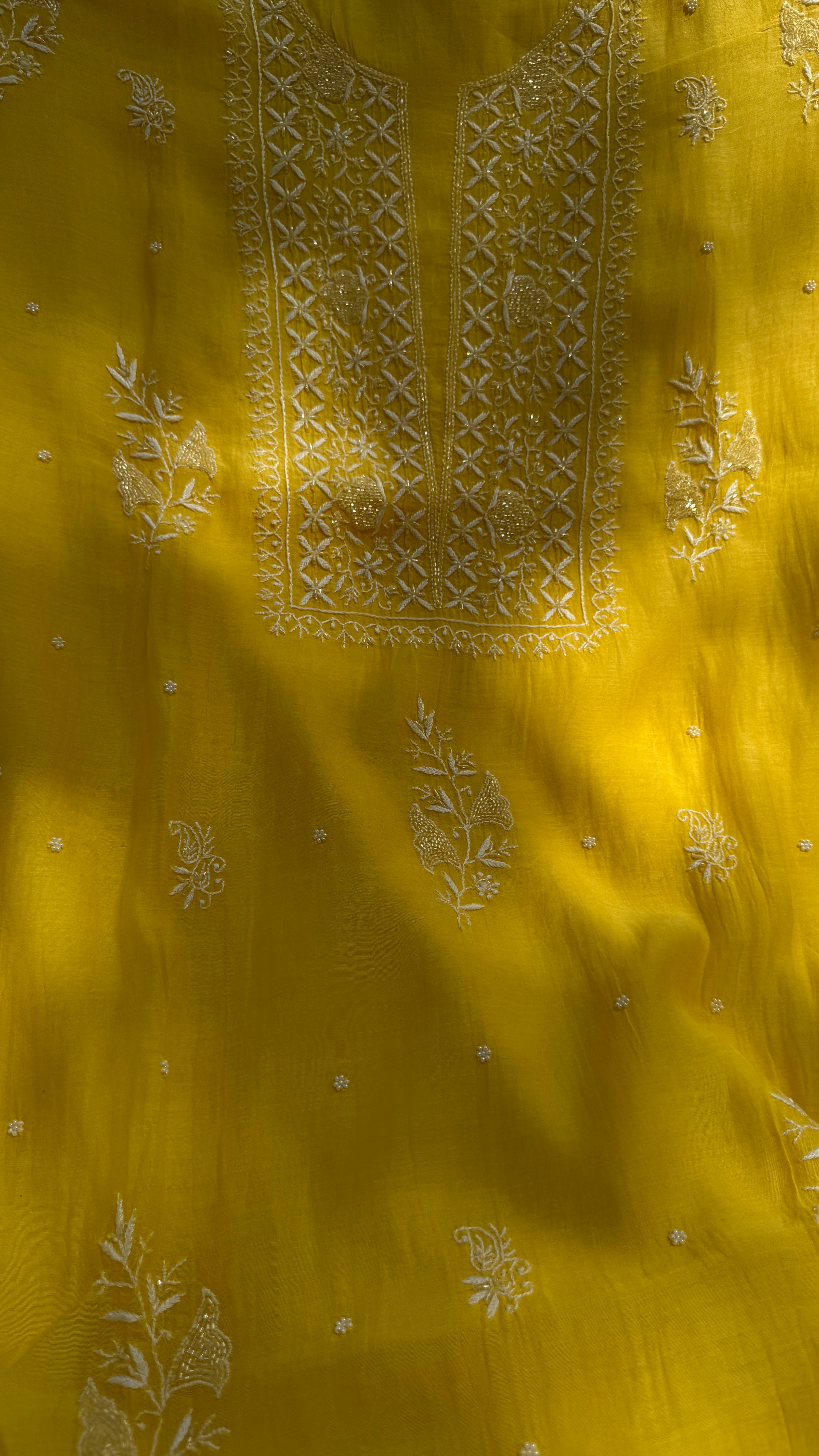 Mul Chanderi Chikankari - Unstitched Set - Yellow
