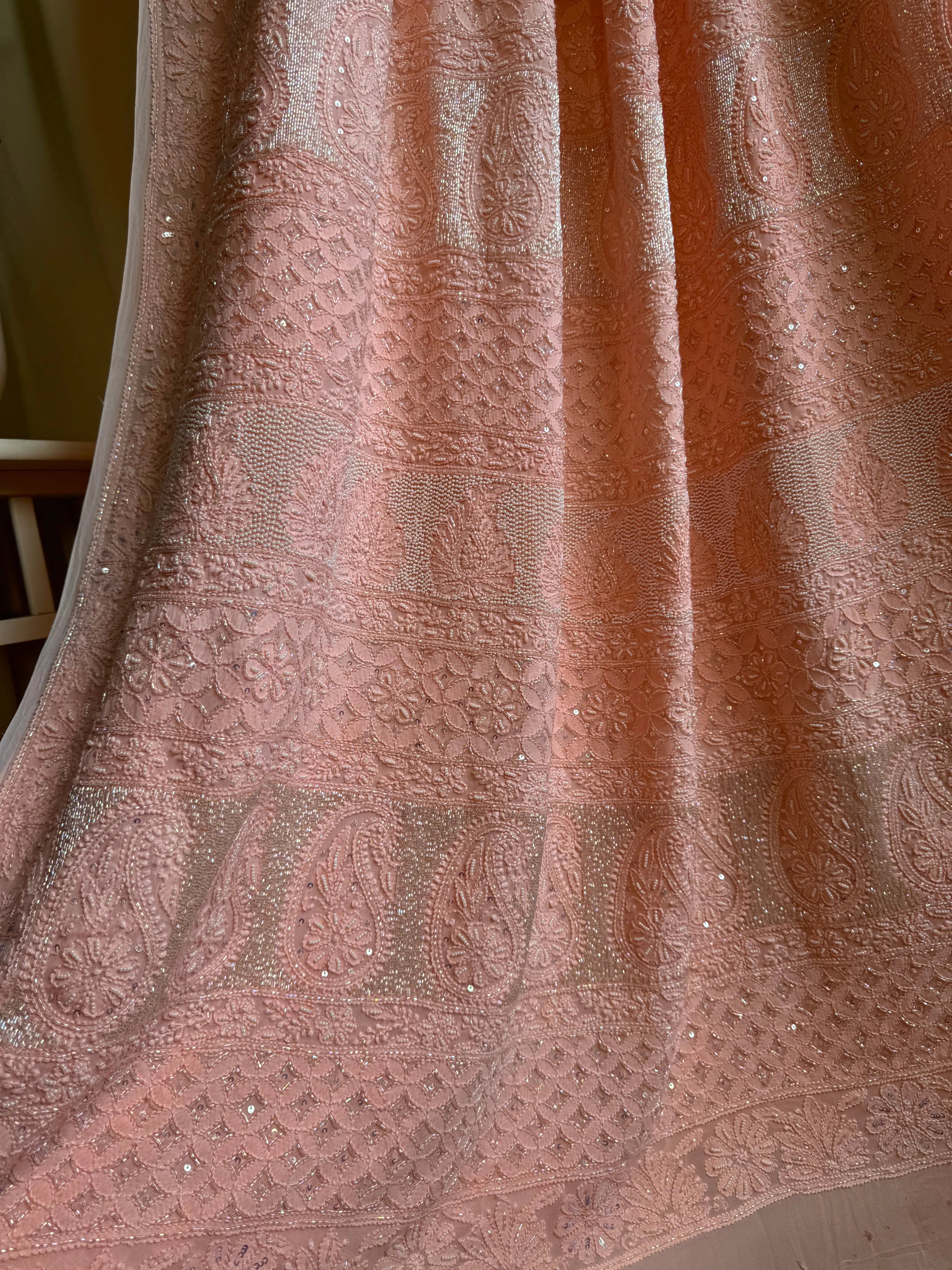 Viscose Pale Pink Chikankari saree with Pearl embellishments ARIAA CHIKANKARI 