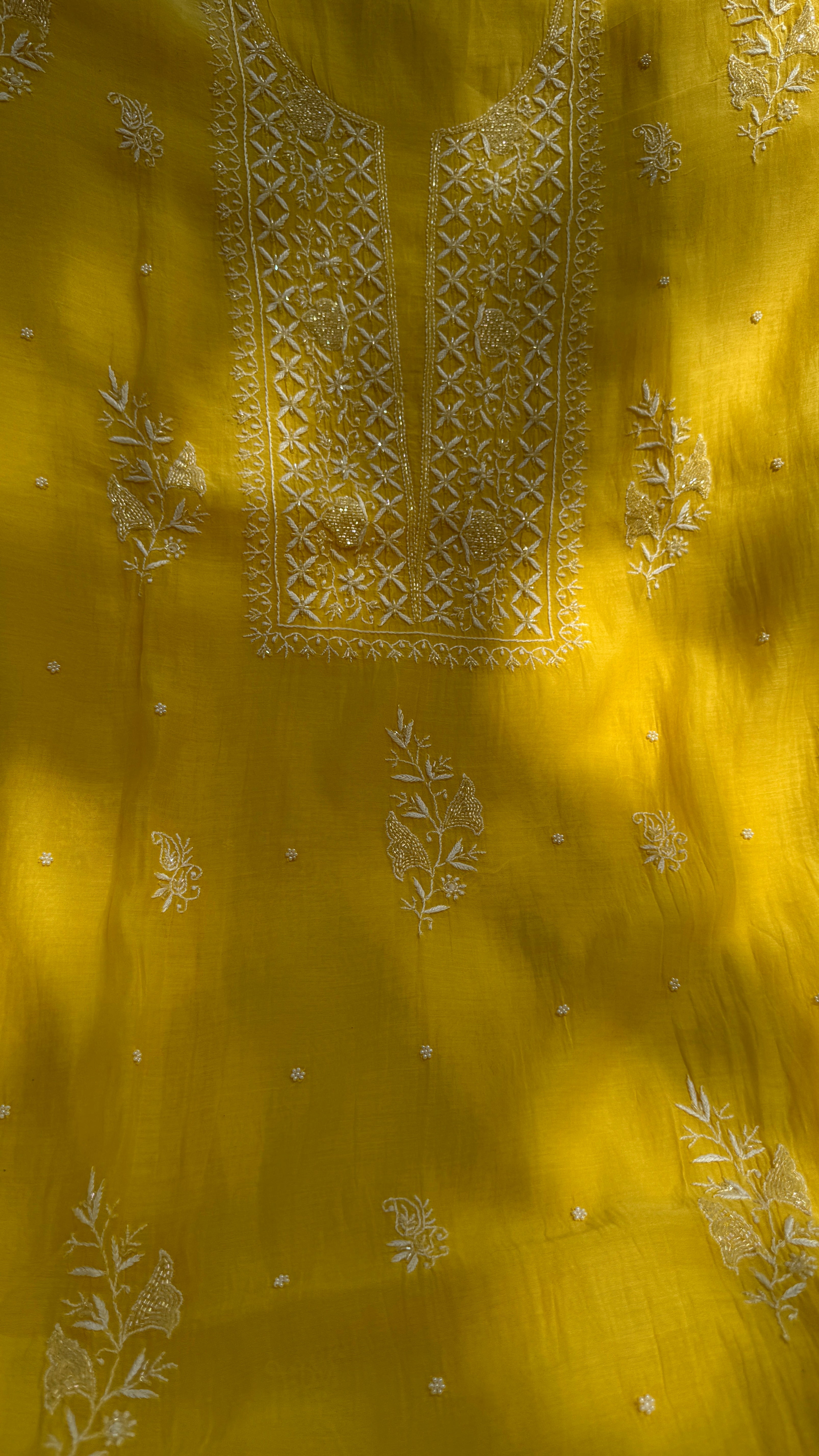 Mul Chanderi Chikankari - Unstitched Set - Yellow