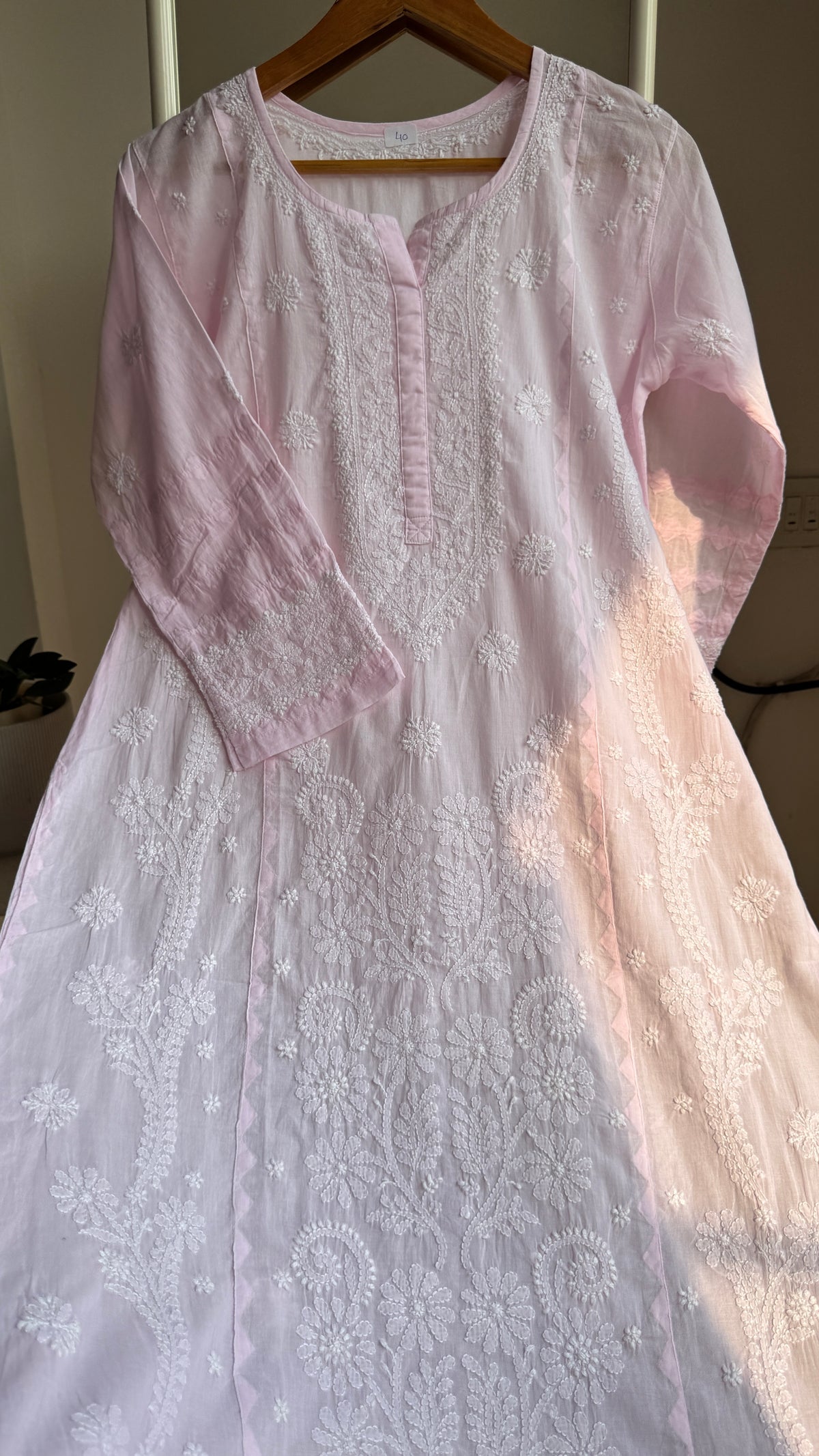 Mul Cotton Chikankari Kurti with white thread work - Pink - Fiza Collection
