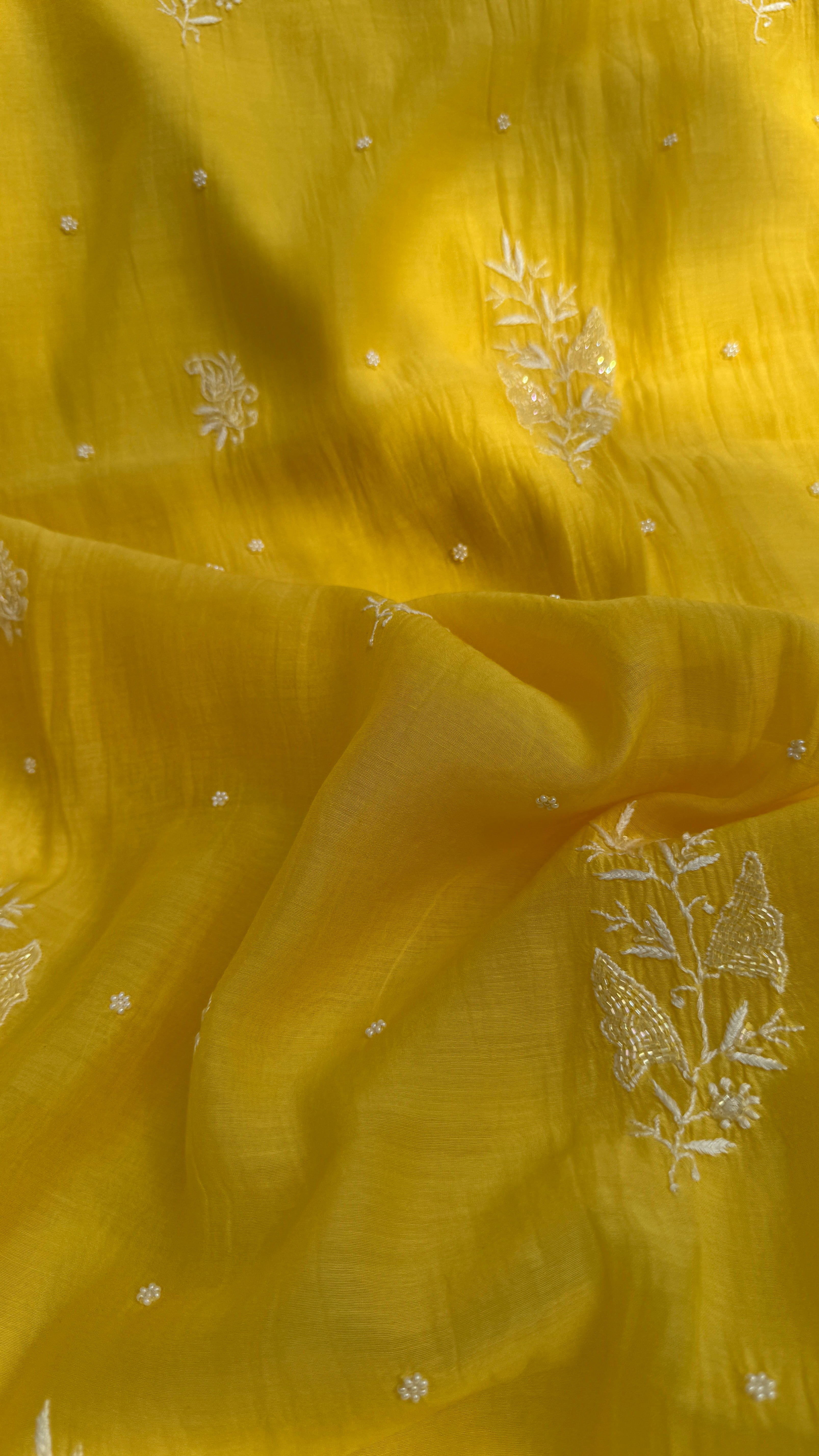 Mul Chanderi Chikankari - Unstitched Set - Yellow