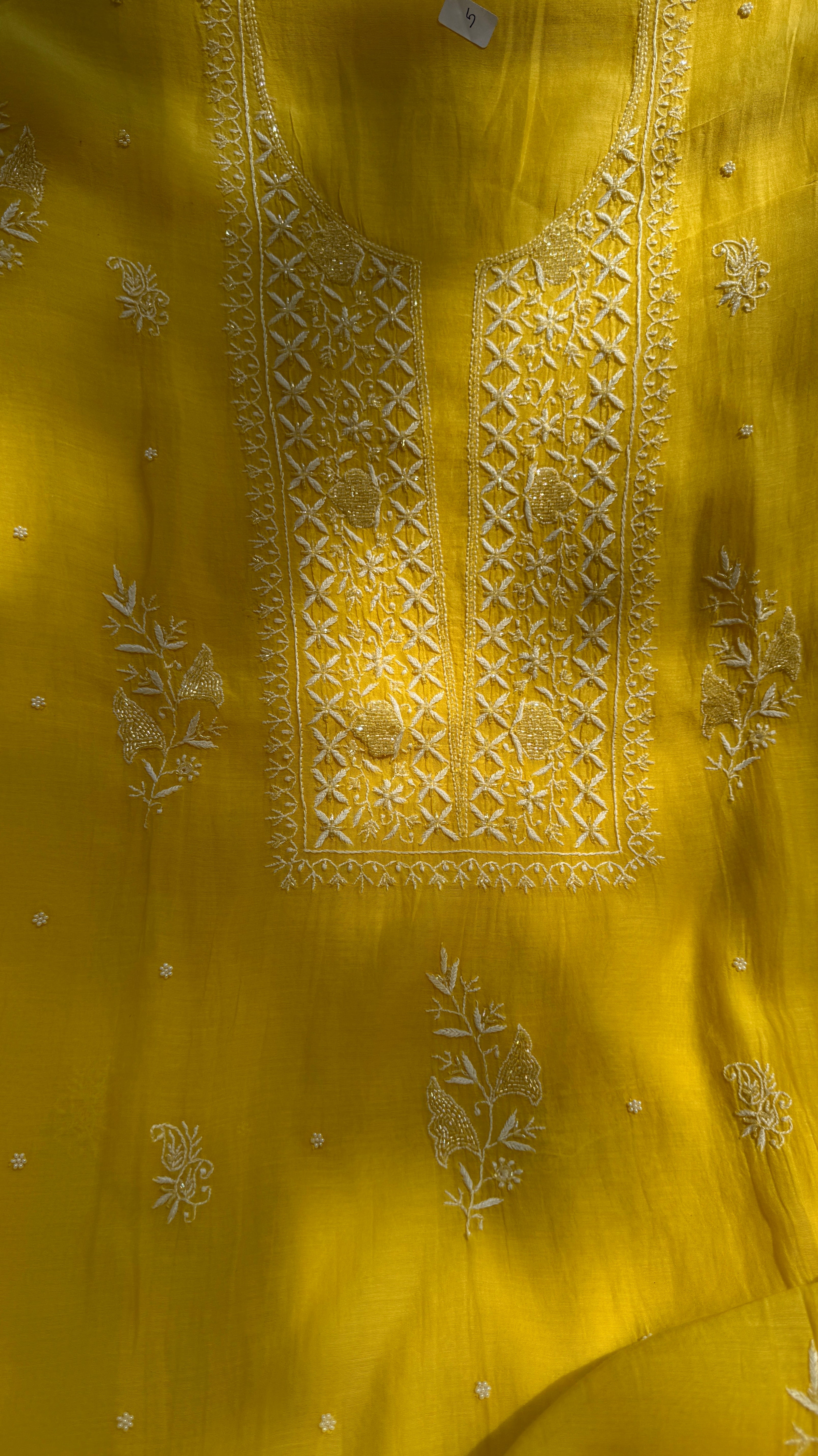 Mul Chanderi Chikankari - Unstitched Set - Yellow