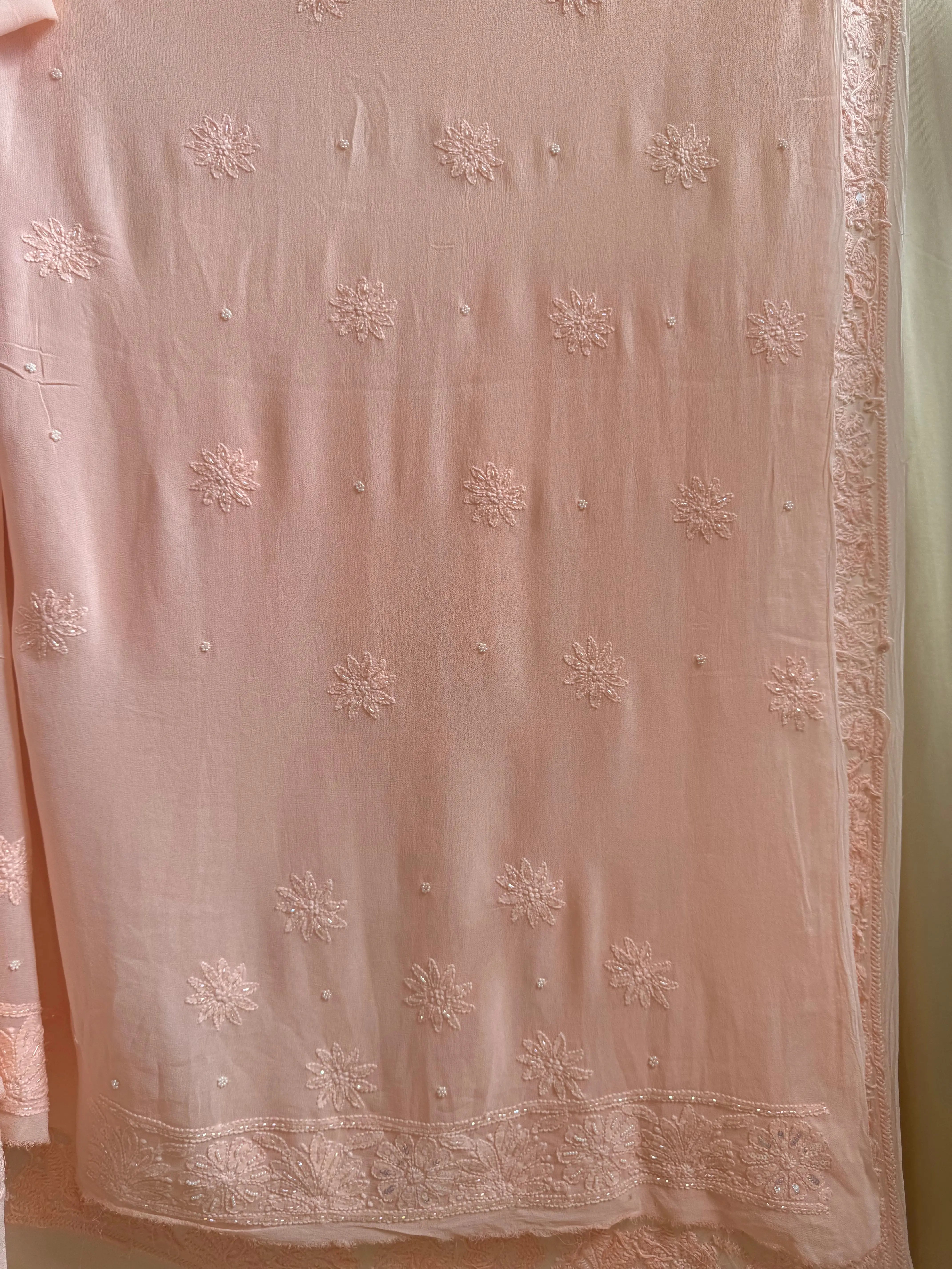 Viscose Pale Pink Chikankari saree with Pearl embellishments ARIAA CHIKANKARI 