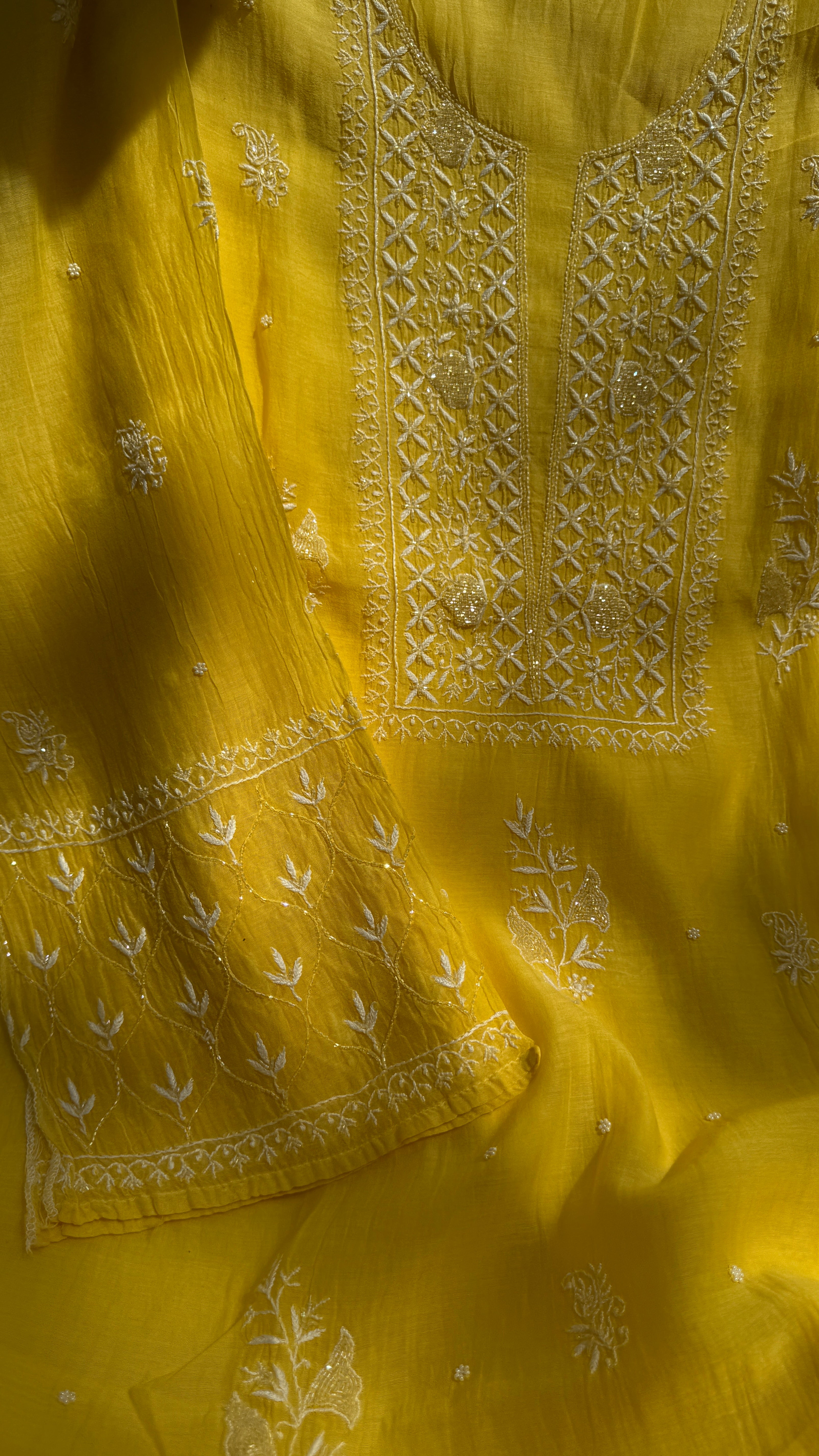 Mul Chanderi Chikankari - Unstitched Set - Yellow