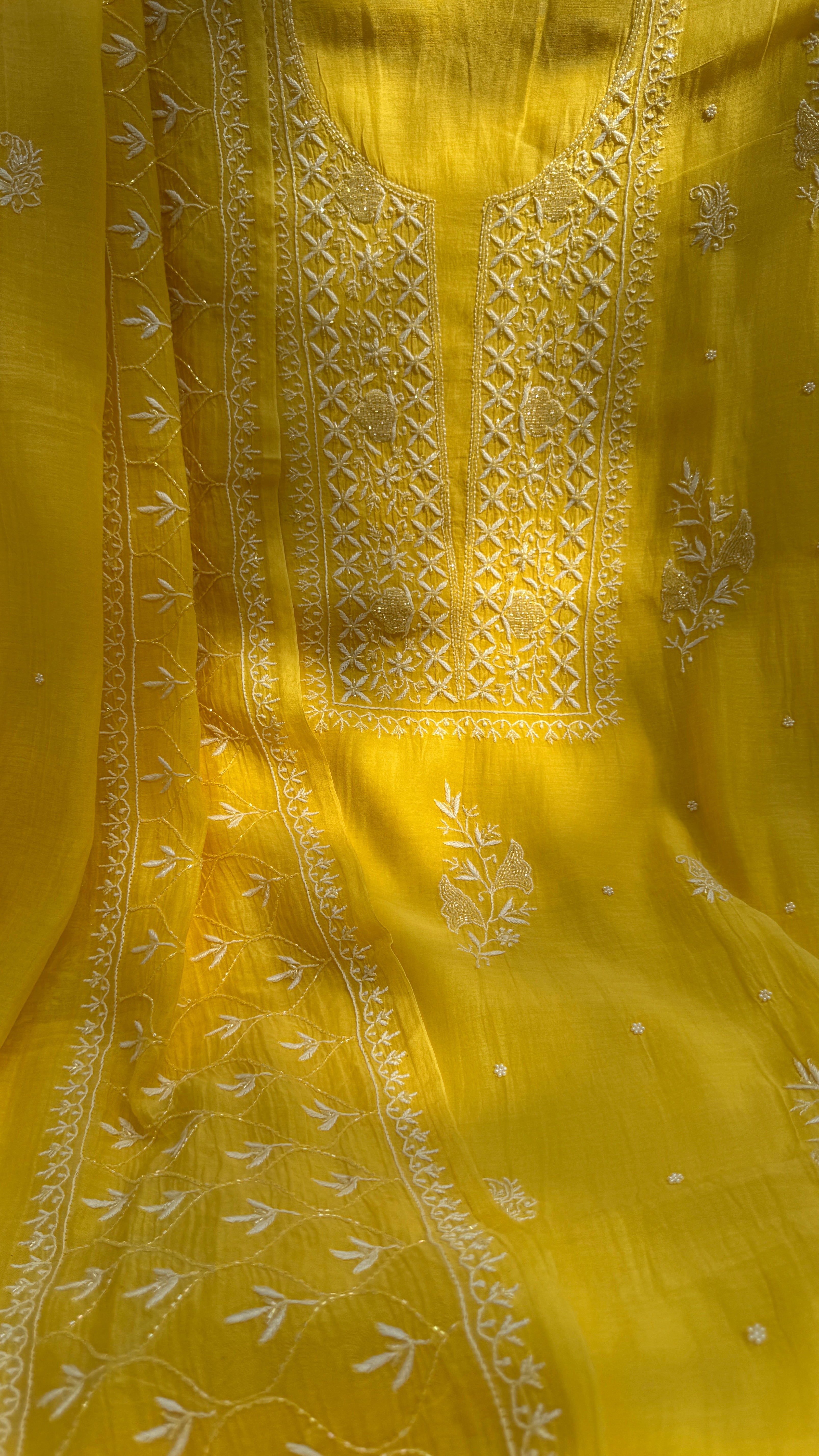 Mul Chanderi Chikankari - Unstitched Set - Yellow