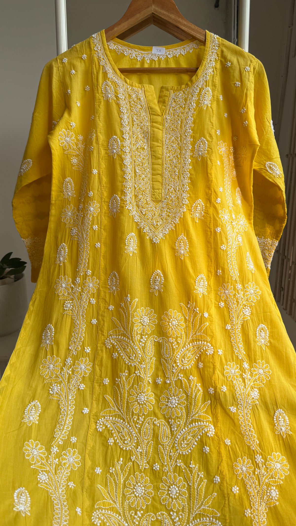 Mul Cotton Chikankari Kurti with white thread work - Yellow - Fiza Collection