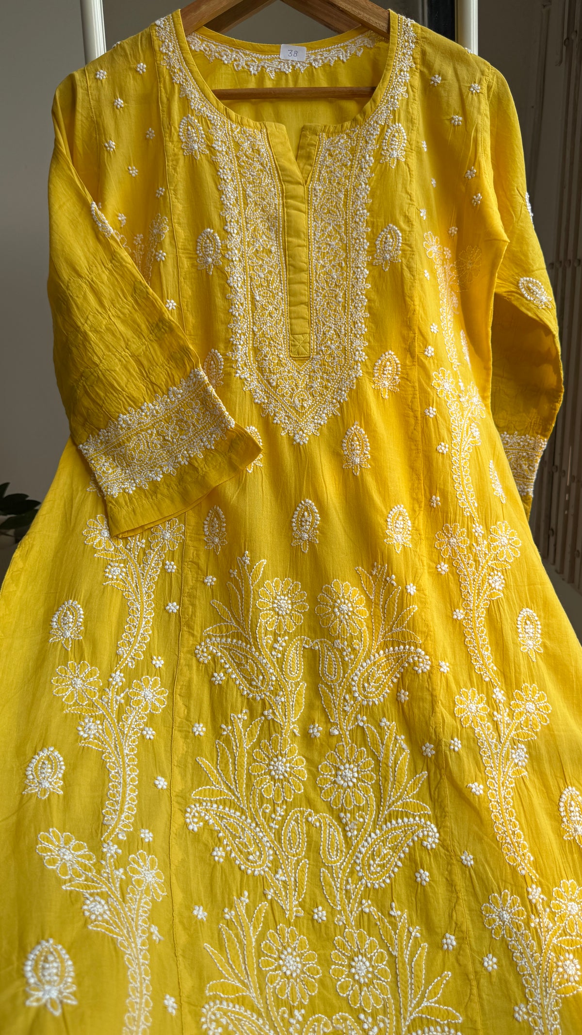Mul Cotton Chikankari Kurti with white thread work - Yellow - Fiza Collection