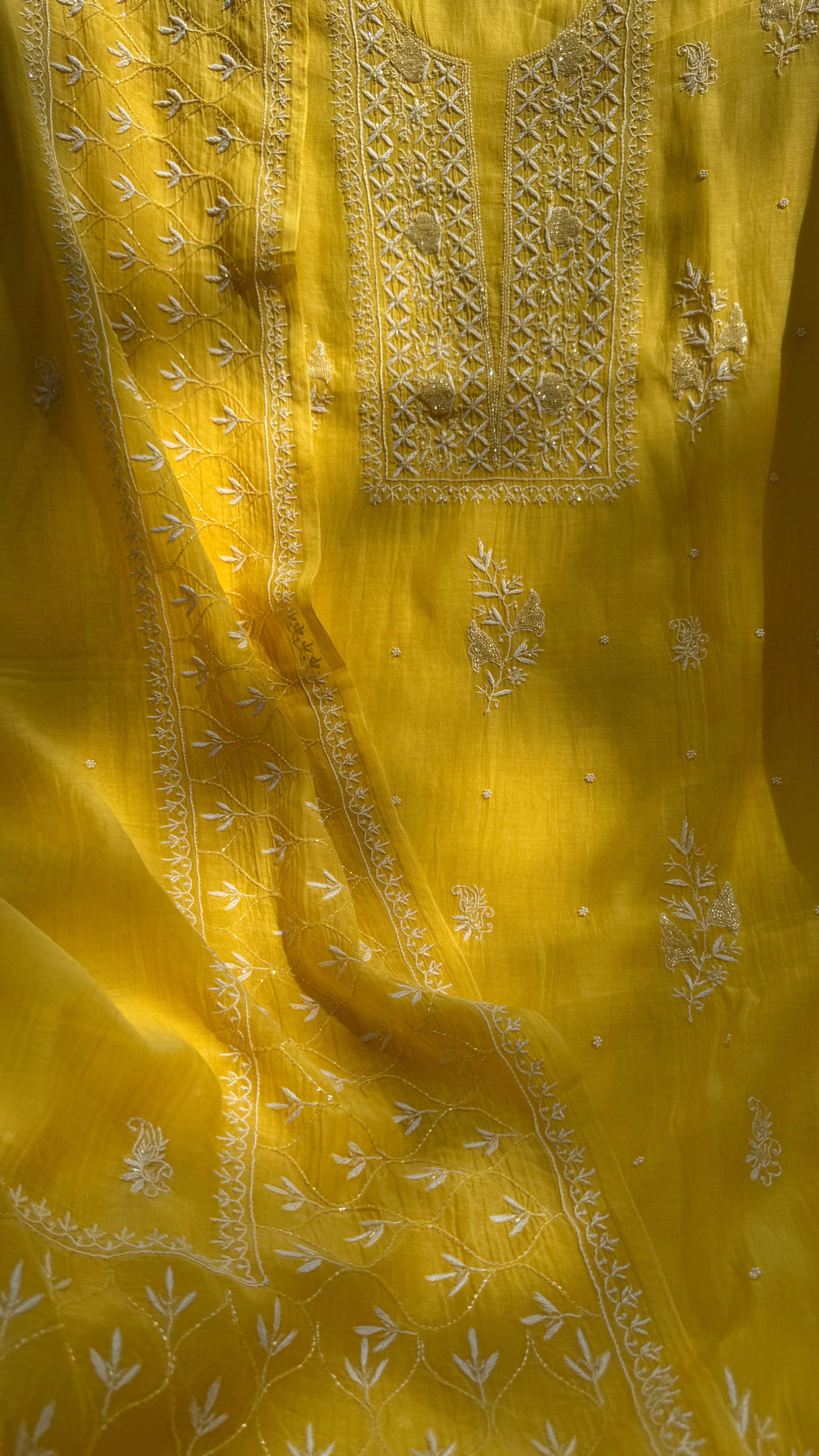 Mul Chanderi Chikankari - Unstitched Set - Yellow
