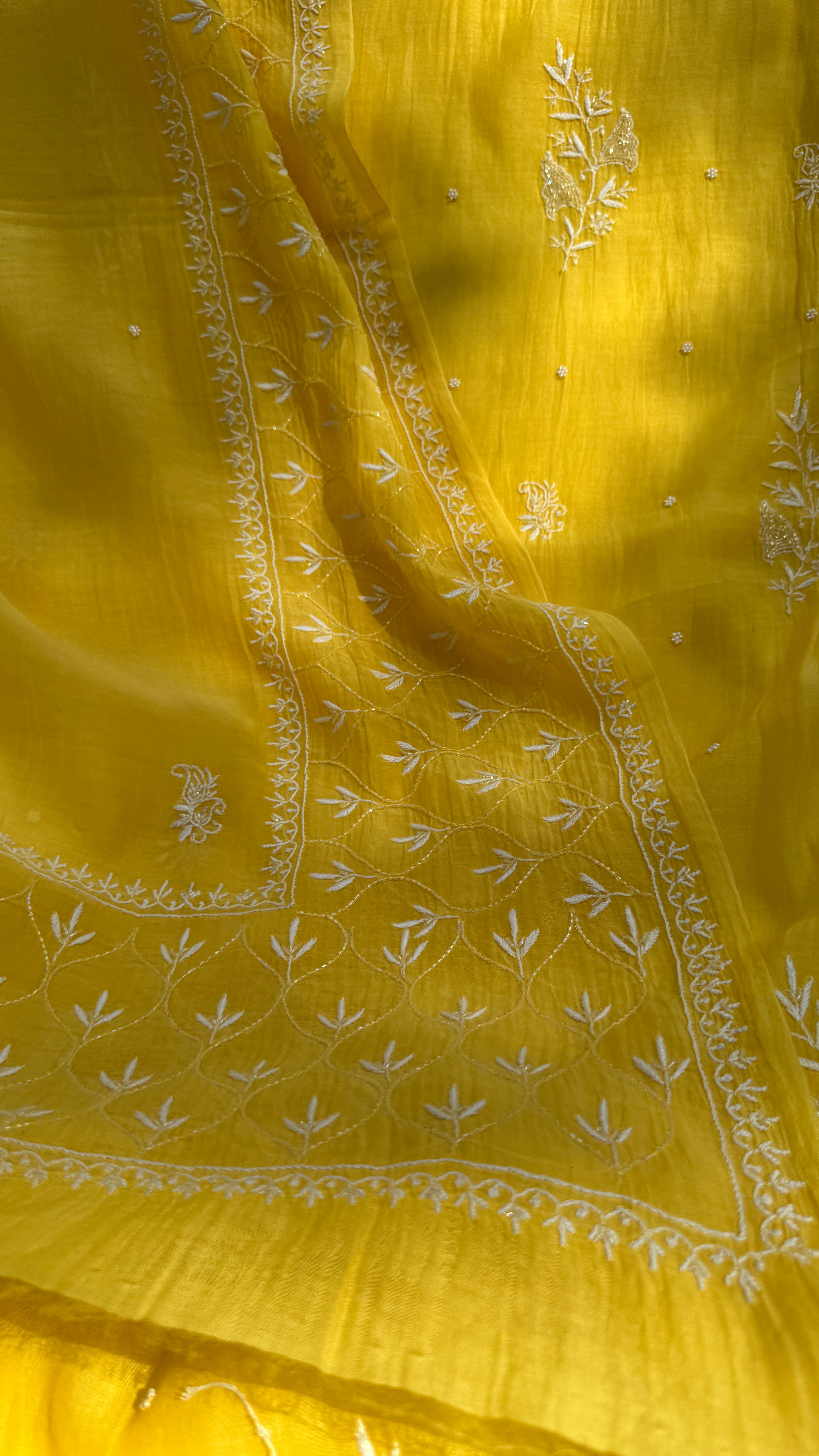 Mul Chanderi Chikankari - Unstitched Set - Yellow