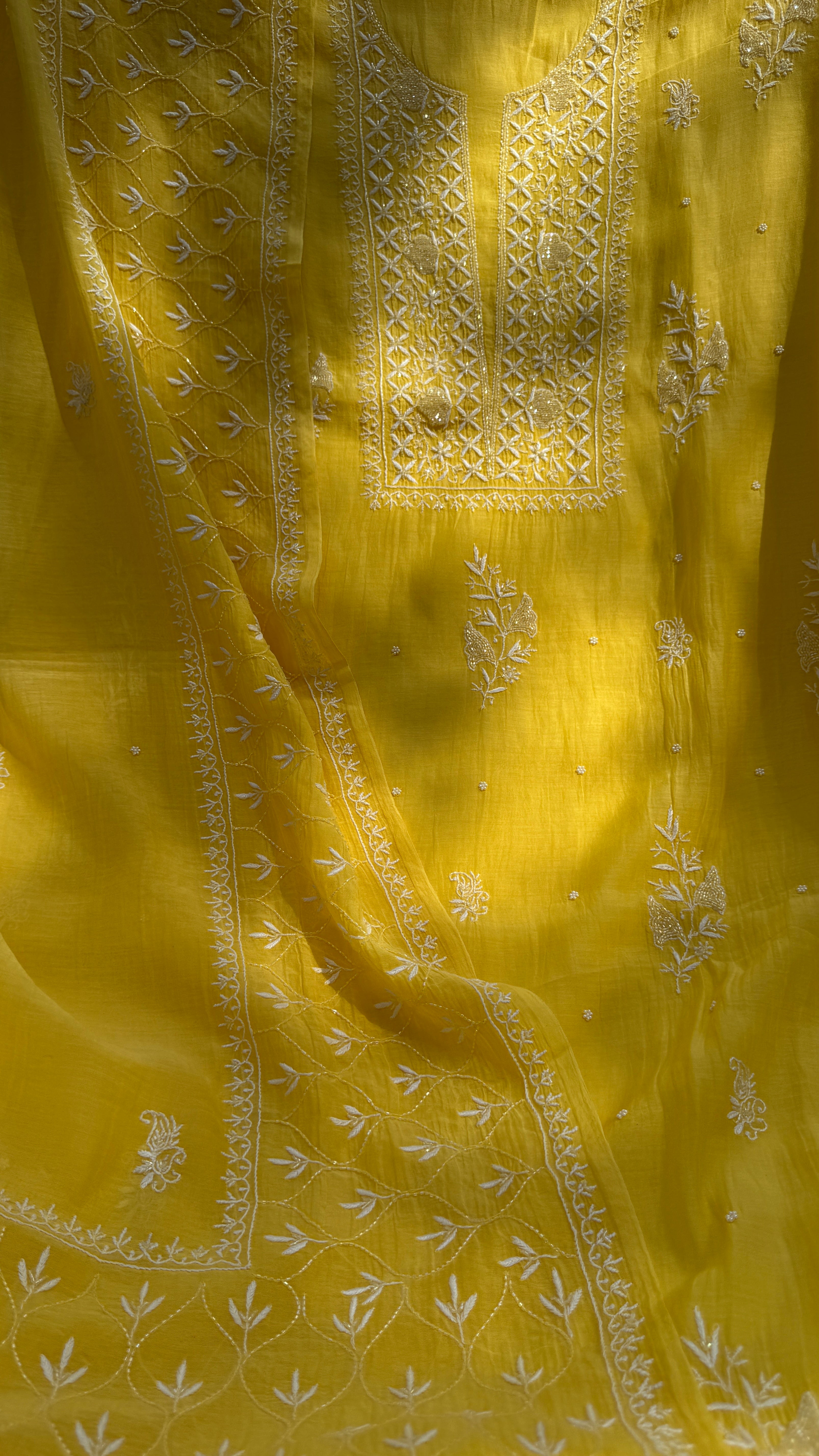 Mul Chanderi Chikankari - Unstitched Set - Yellow