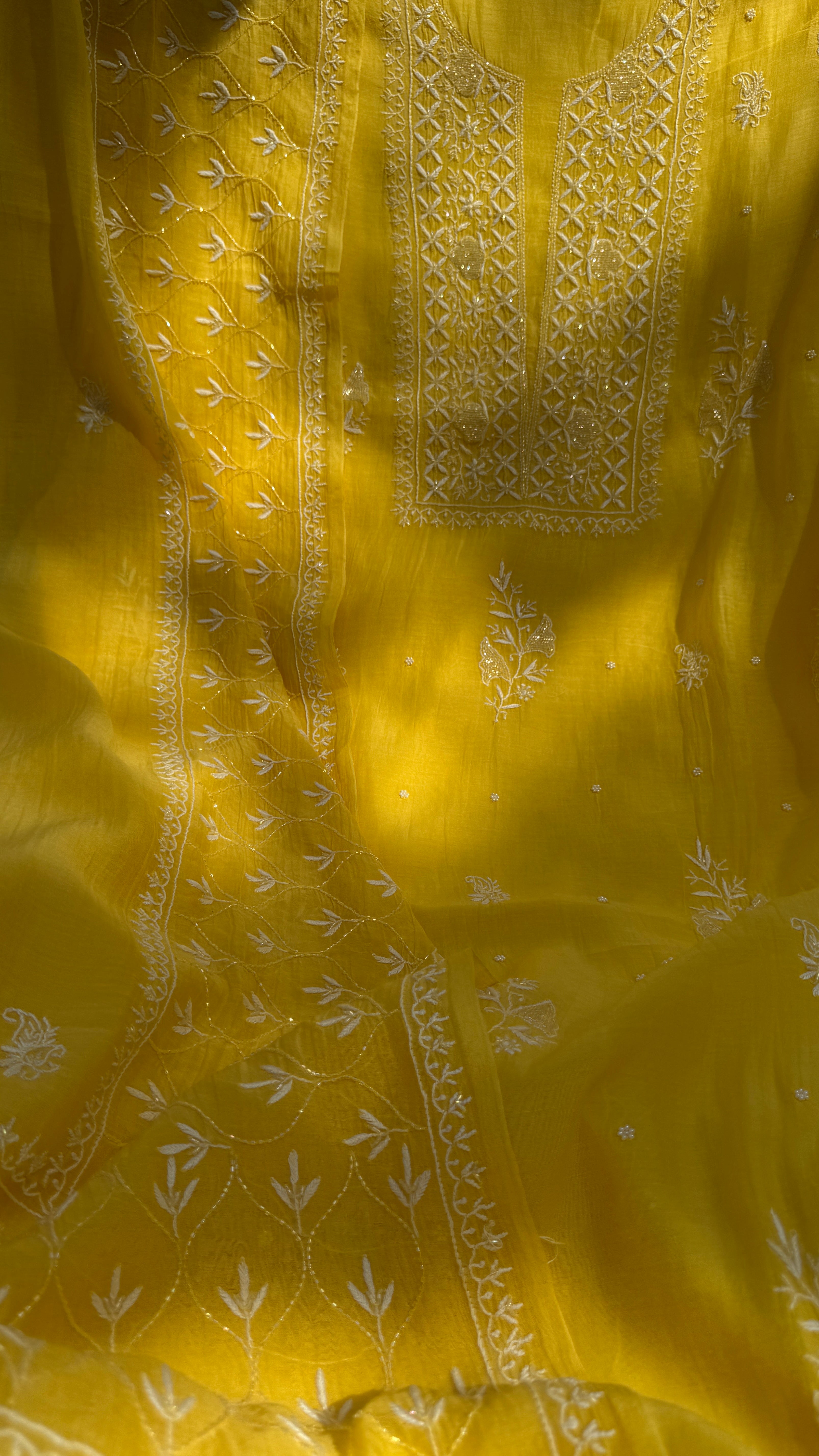 Mul Chanderi Chikankari - Unstitched Set - Yellow