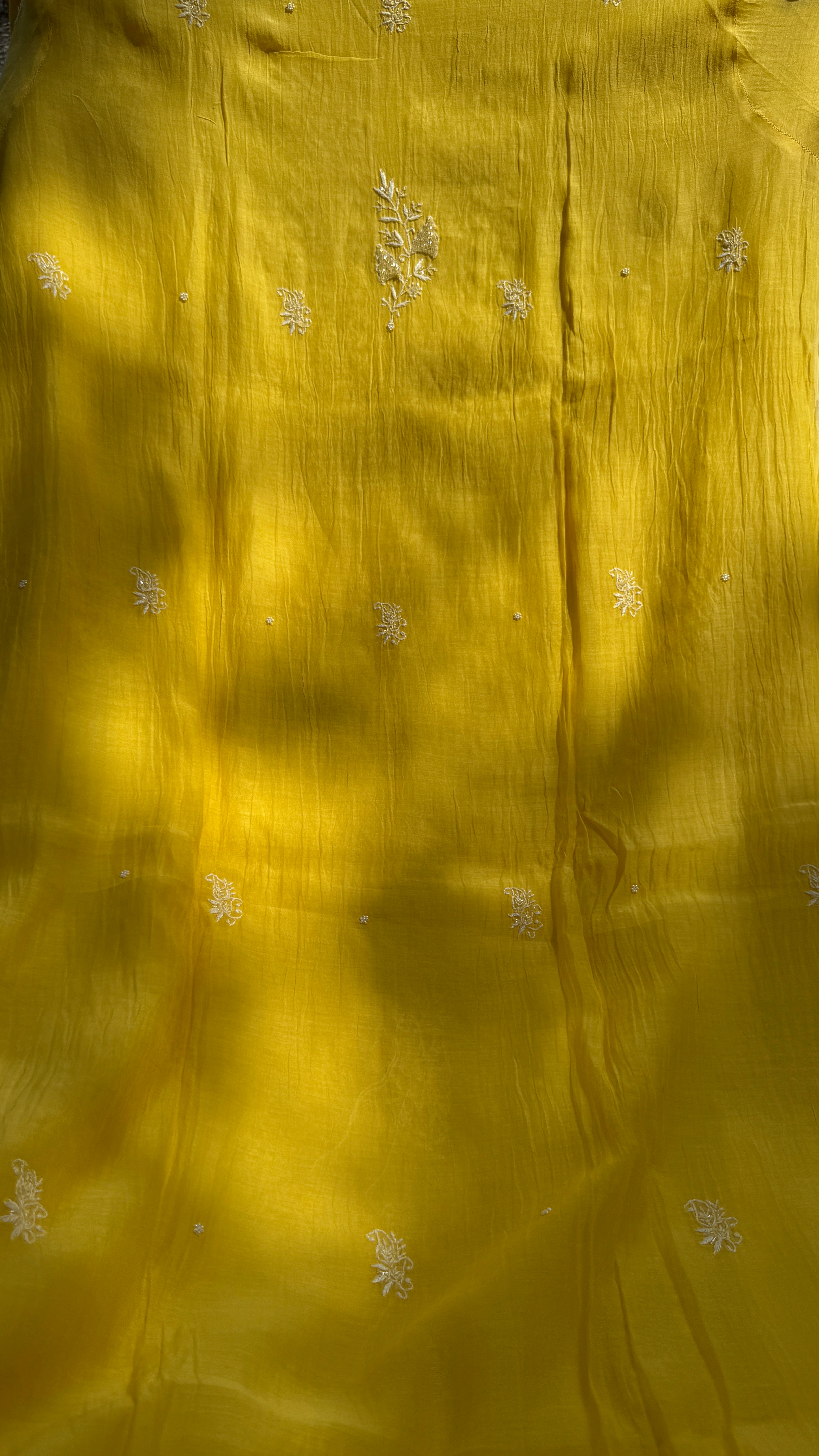 Mul Chanderi Chikankari - Unstitched Set - Yellow