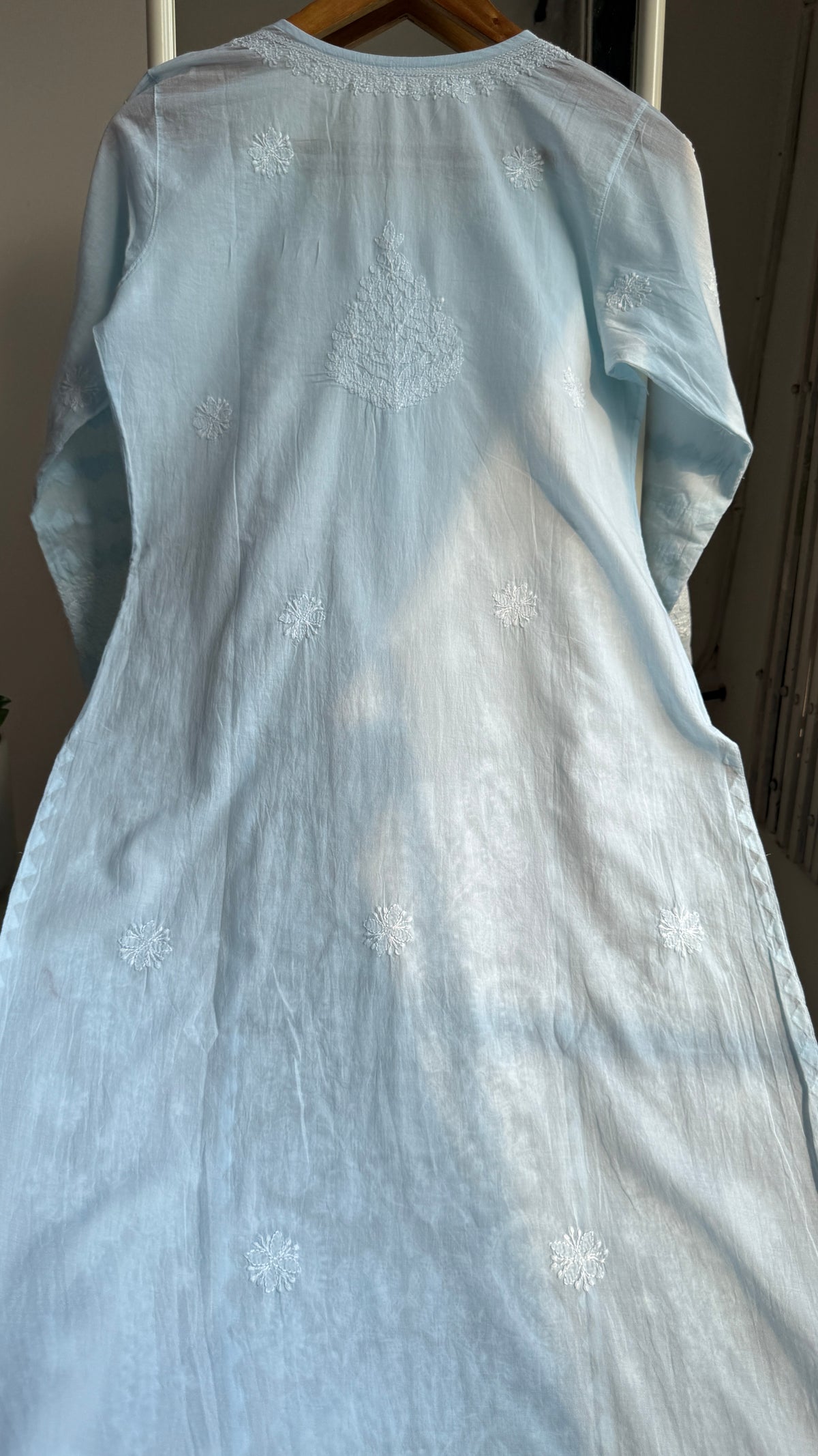 Mul Cotton Chikankari Kurti with white thread work - Blue - Fiza Collection