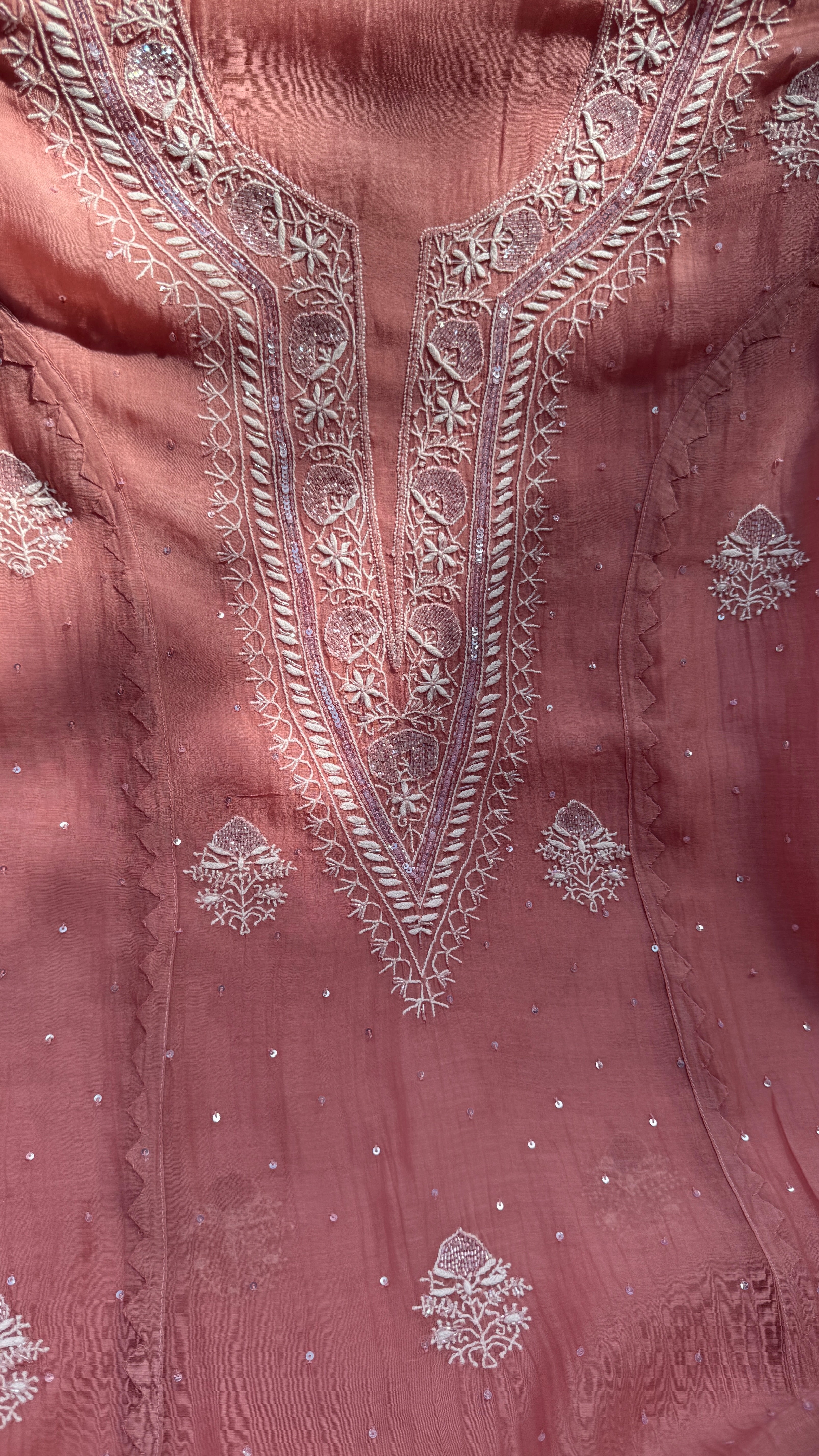 Mul Chanderi Chikankari - Unstitched Set - Rosewood