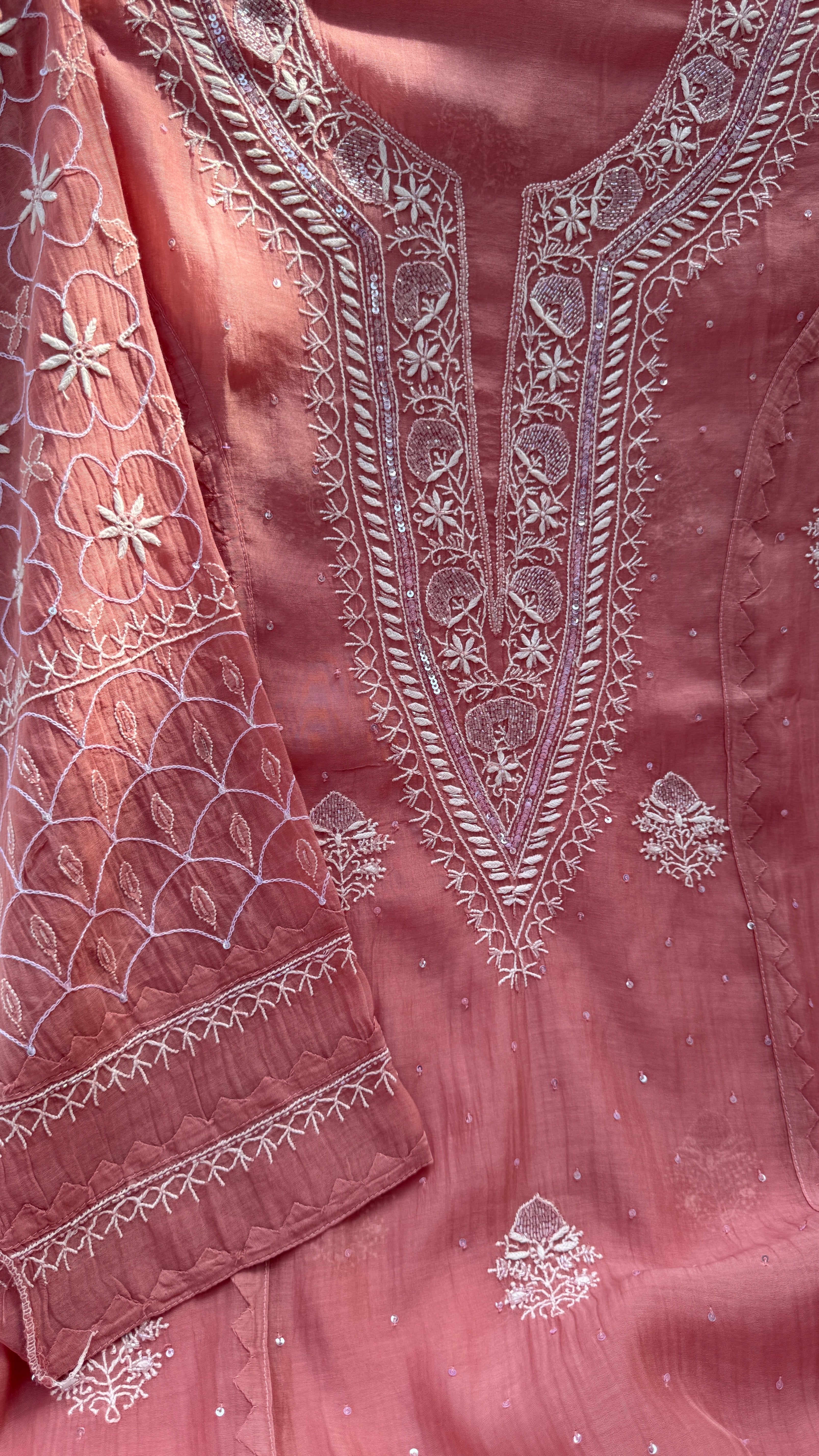 Mul Chanderi Chikankari - Unstitched Set - Rosewood