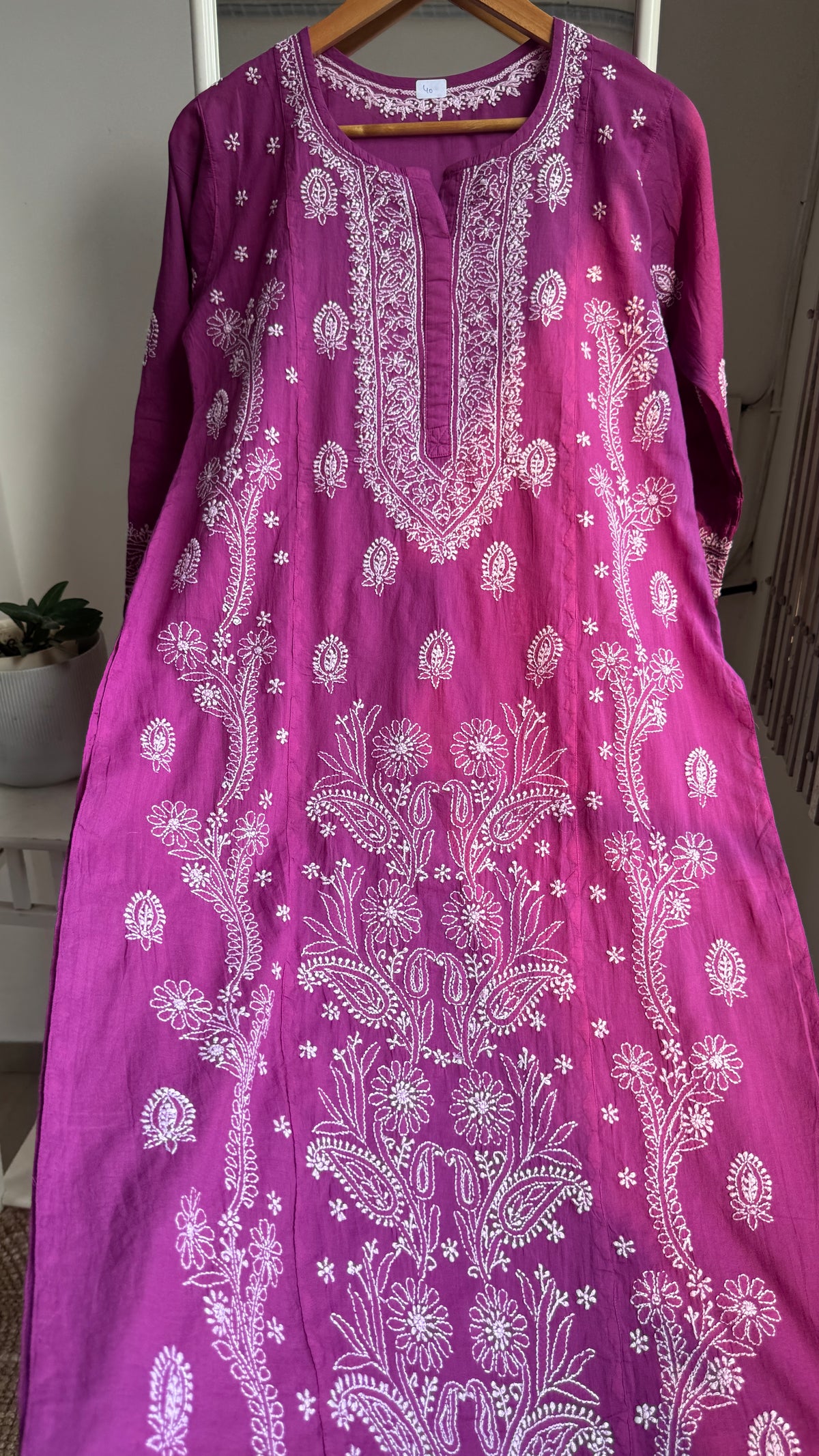 Mul Cotton Chikankari Kurti with white thread work - Berry Pink - Fiza Collection