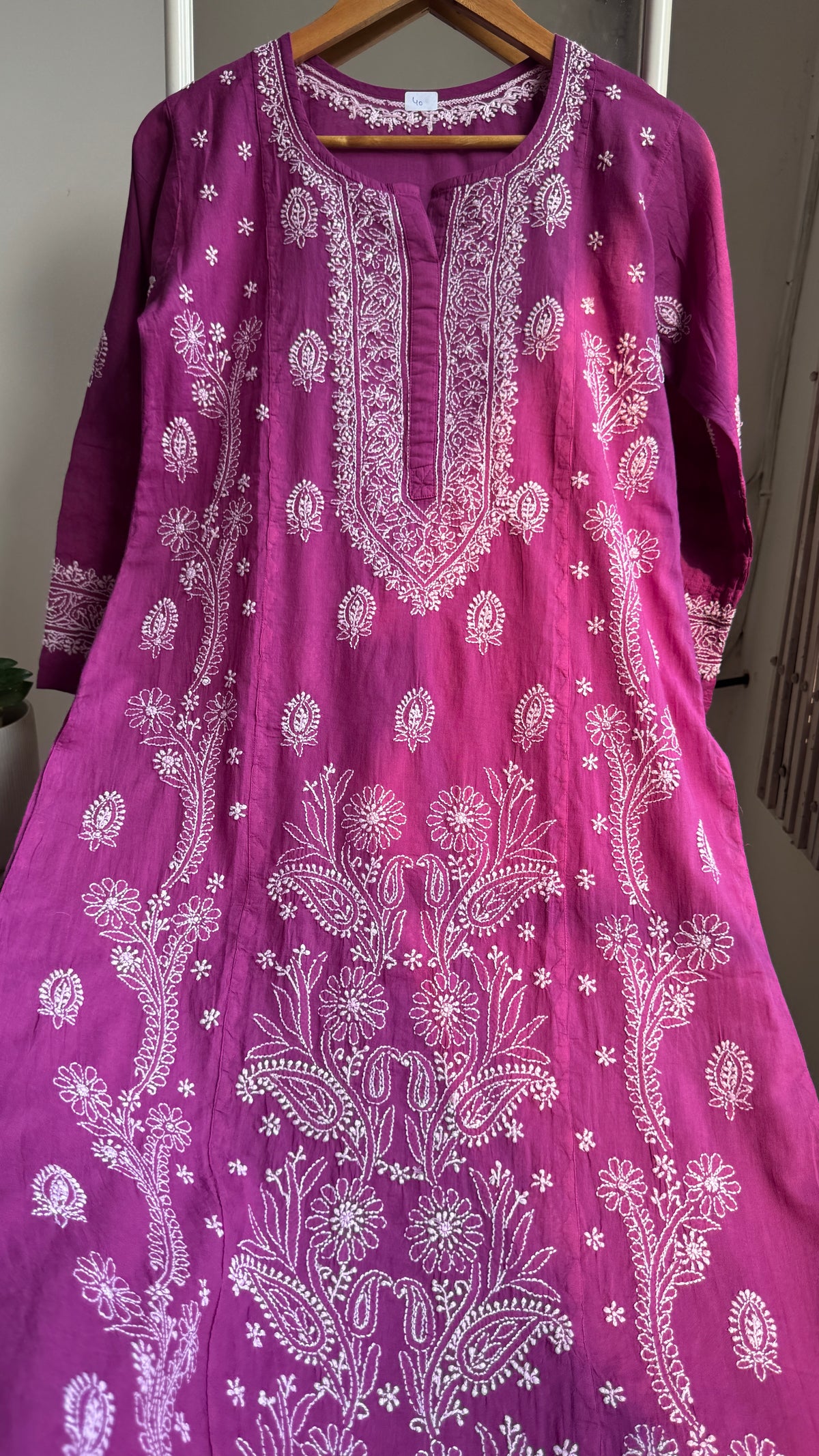 Mul Cotton Chikankari Kurti with white thread work - Berry Pink - Fiza Collection