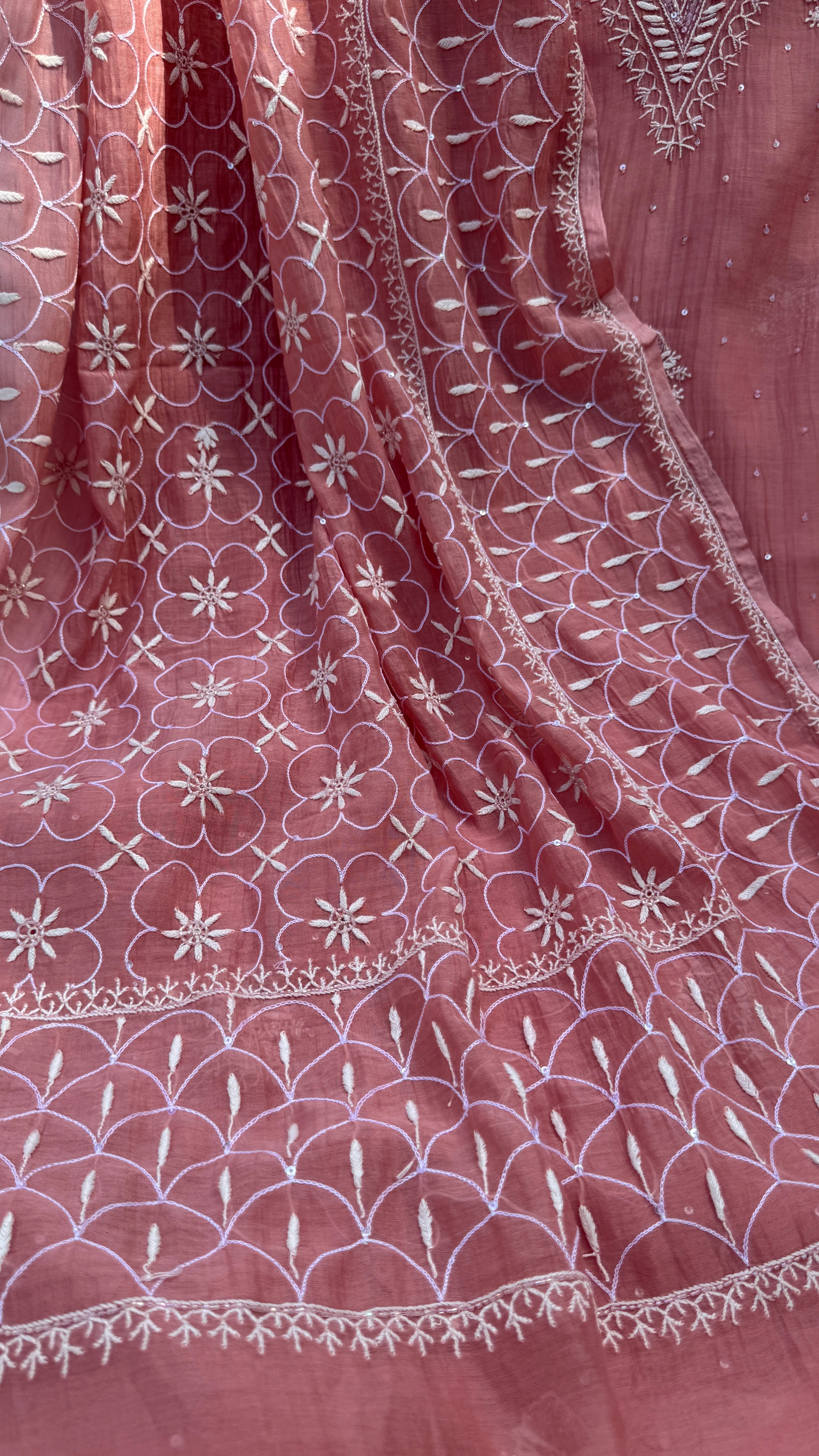 Mul Chanderi Chikankari - Unstitched Set - Rosewood