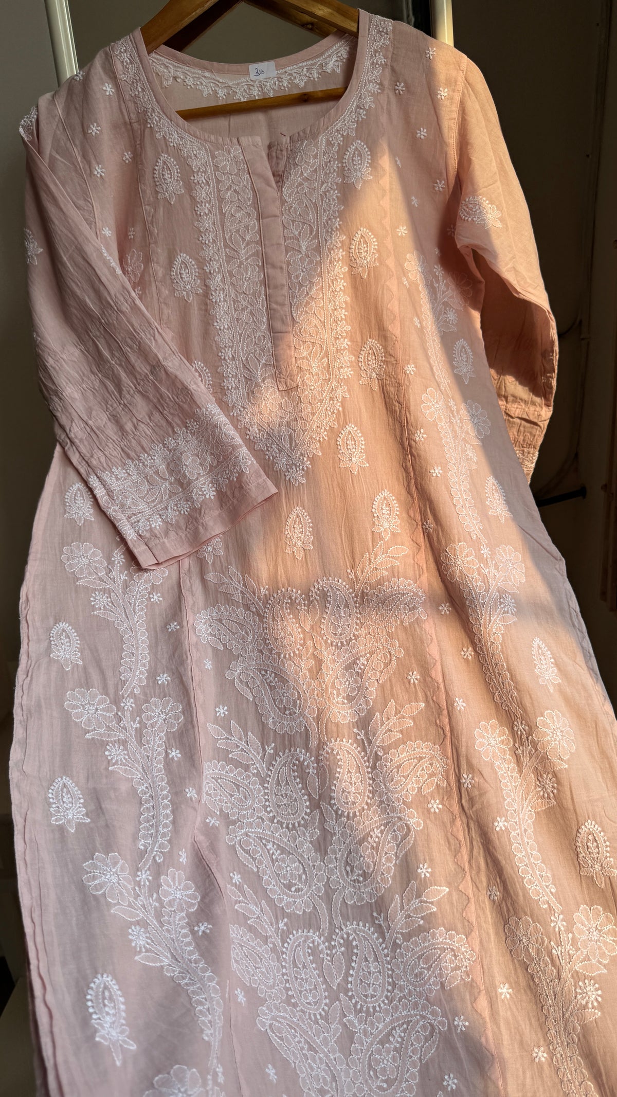 Mul Cotton Chikankari Kurti with white thread work - Pale Pink - Fiza Collection