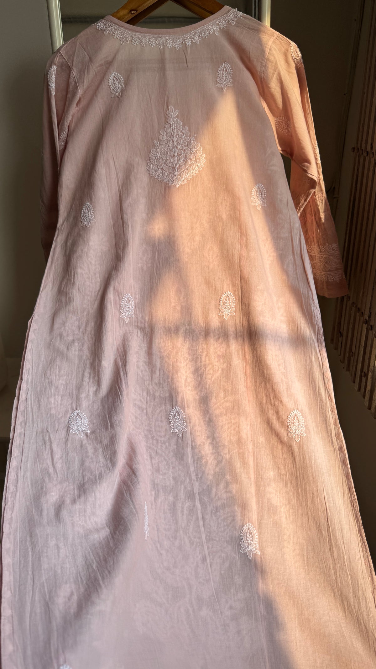 Mul Cotton Chikankari Kurti with white thread work - Pale Pink - Fiza Collection