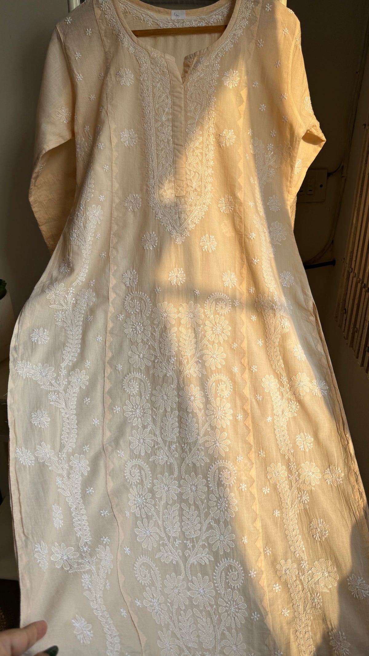 Mul Cotton Chikankari Kurti with white thread work - Cream  - Fiza Collection
