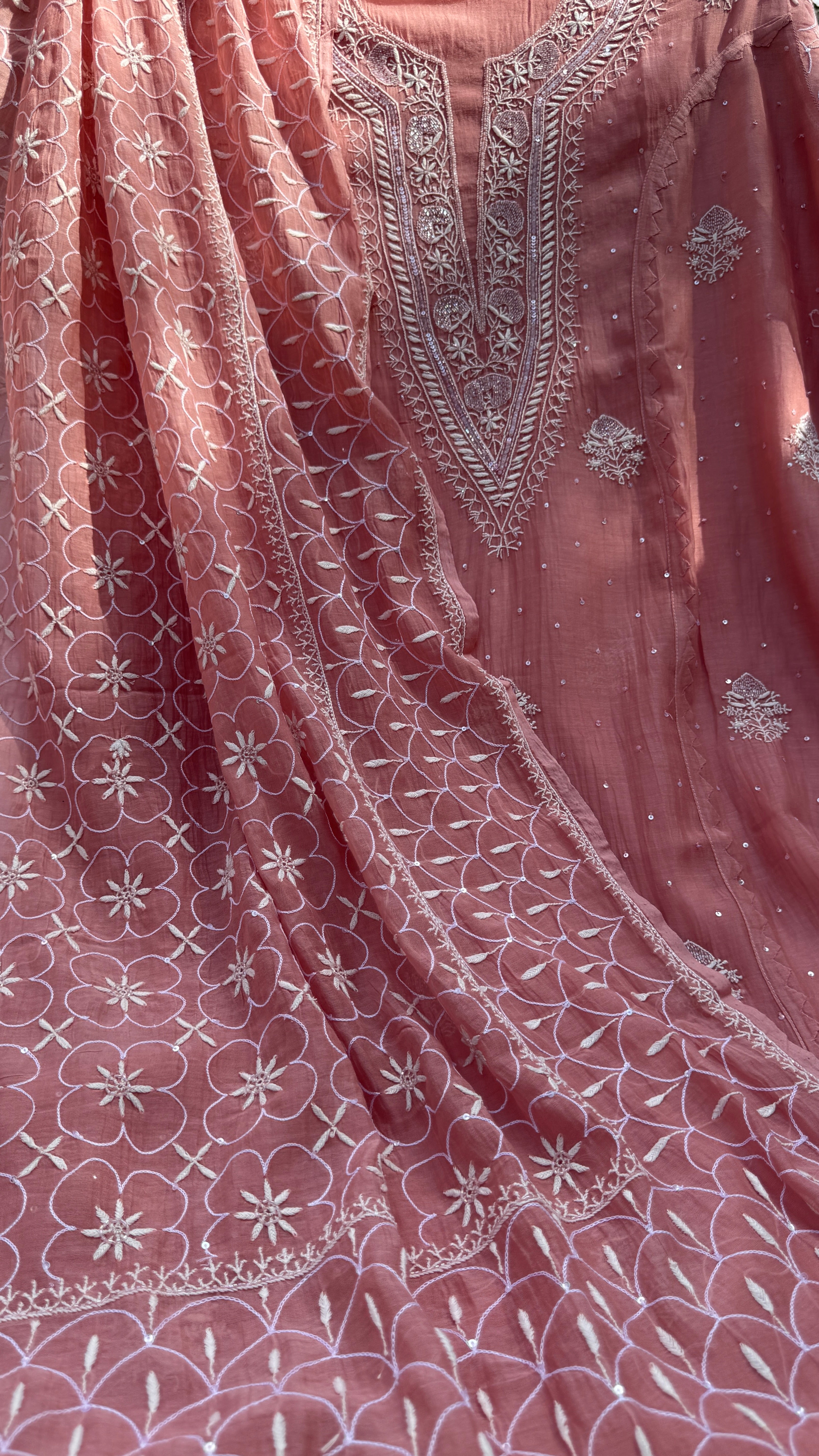 Mul Chanderi Chikankari - Unstitched Set - Rosewood