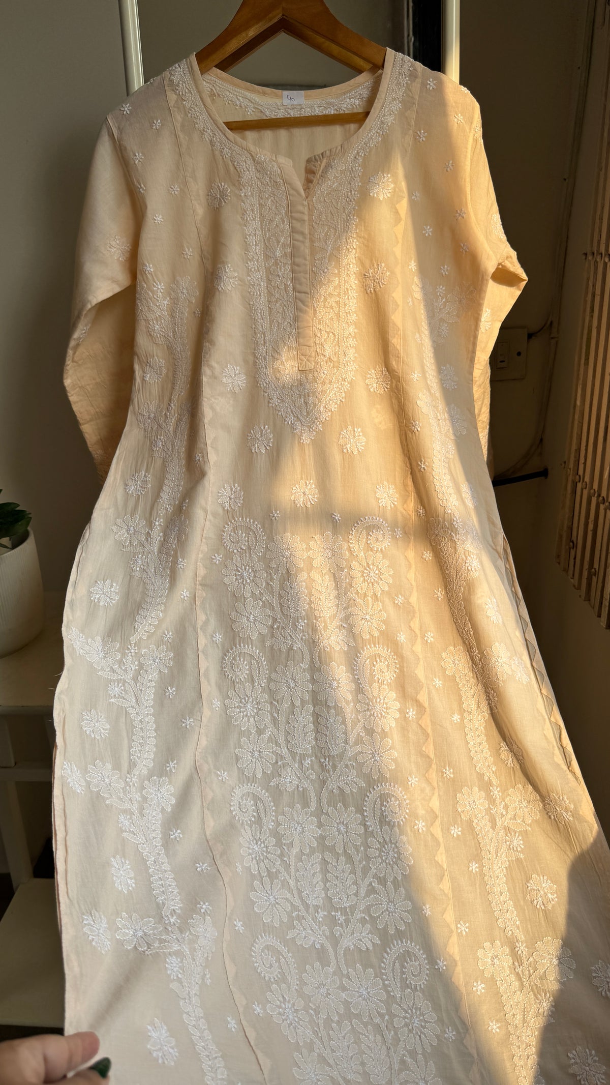 Mul Cotton Chikankari Kurti with white thread work - Cream  - Fiza Collection