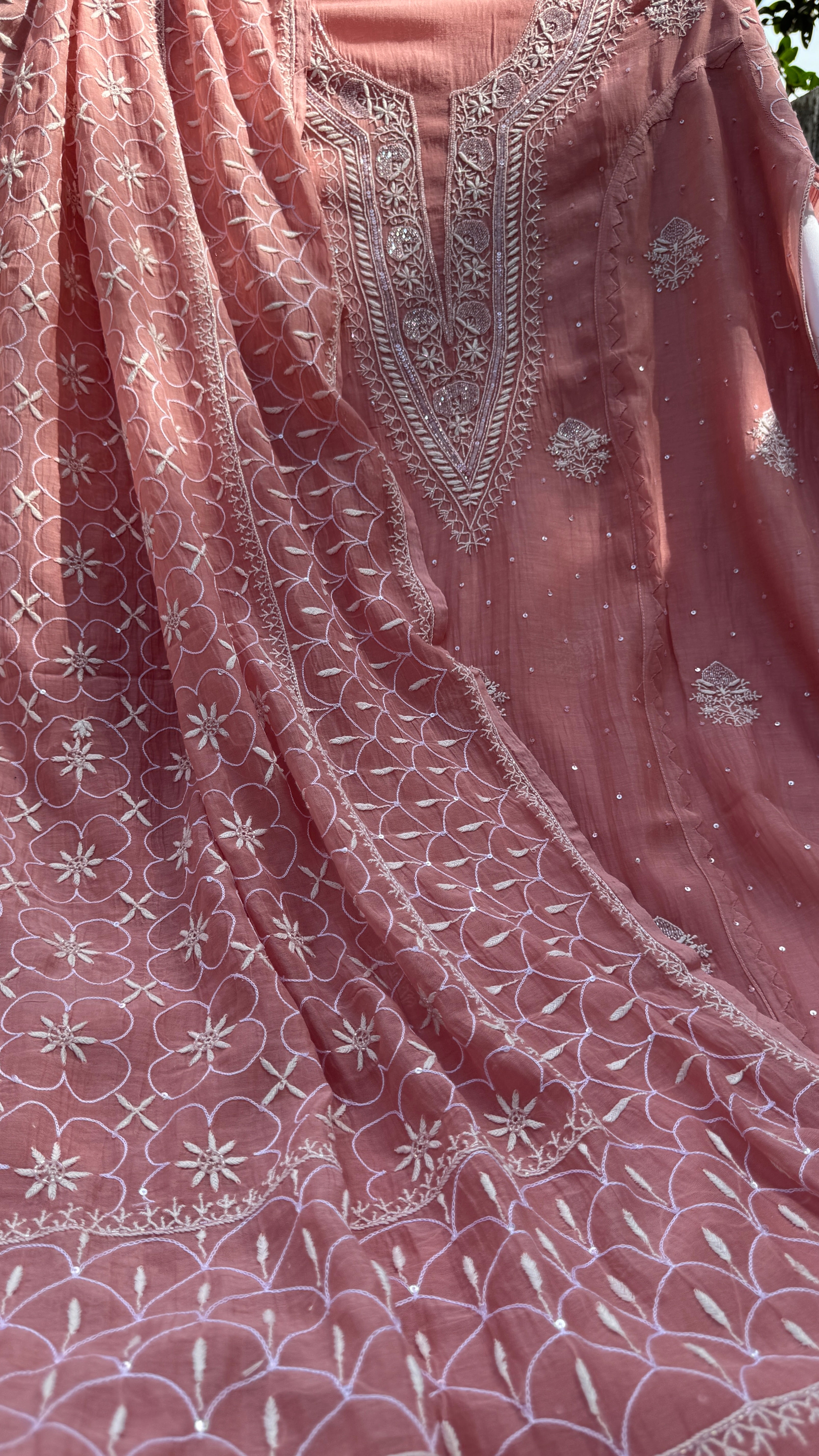 Mul Chanderi Chikankari - Unstitched Set - Rosewood