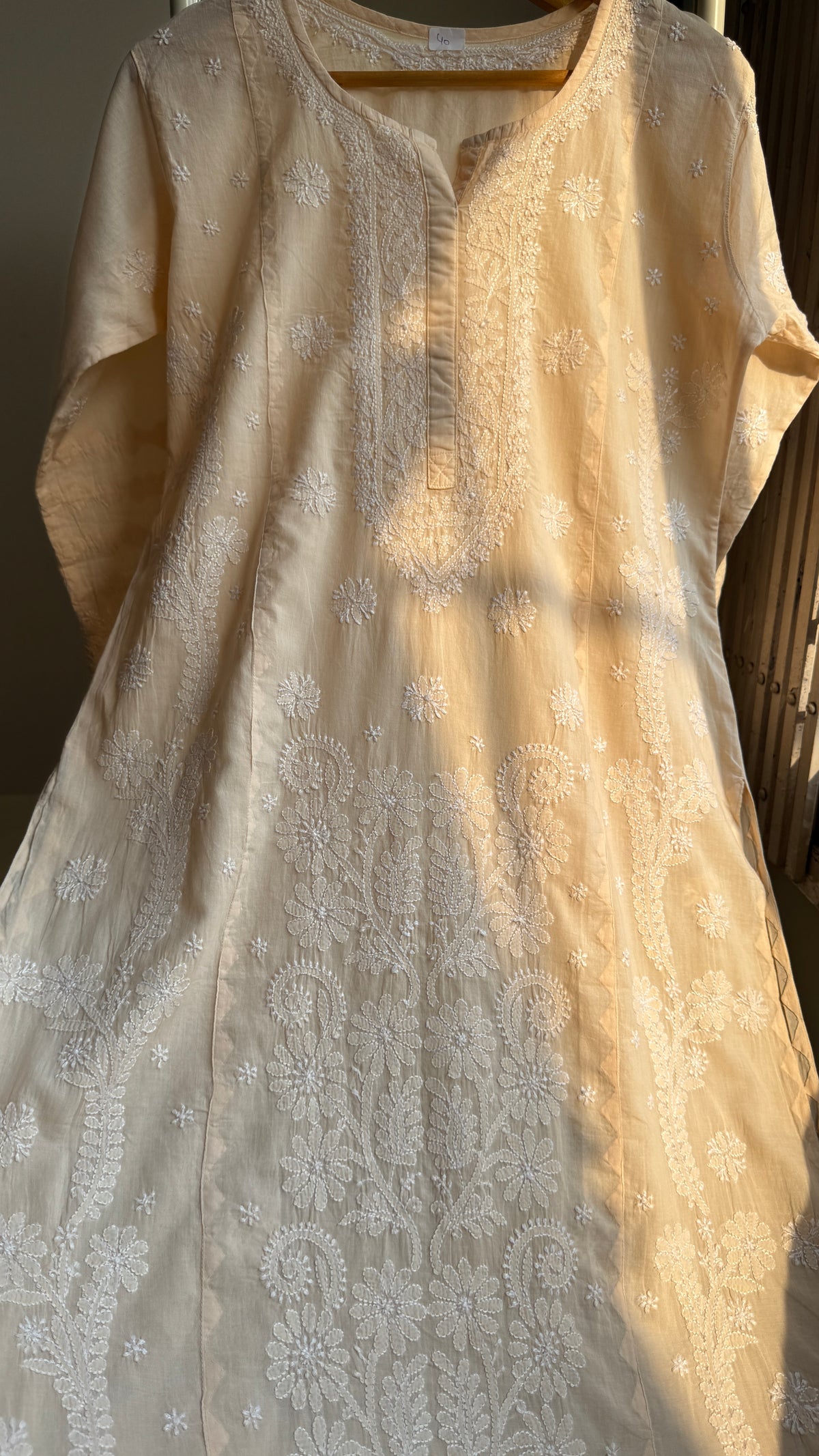 Mul Cotton Chikankari Kurti with white thread work - Cream  - Fiza Collection