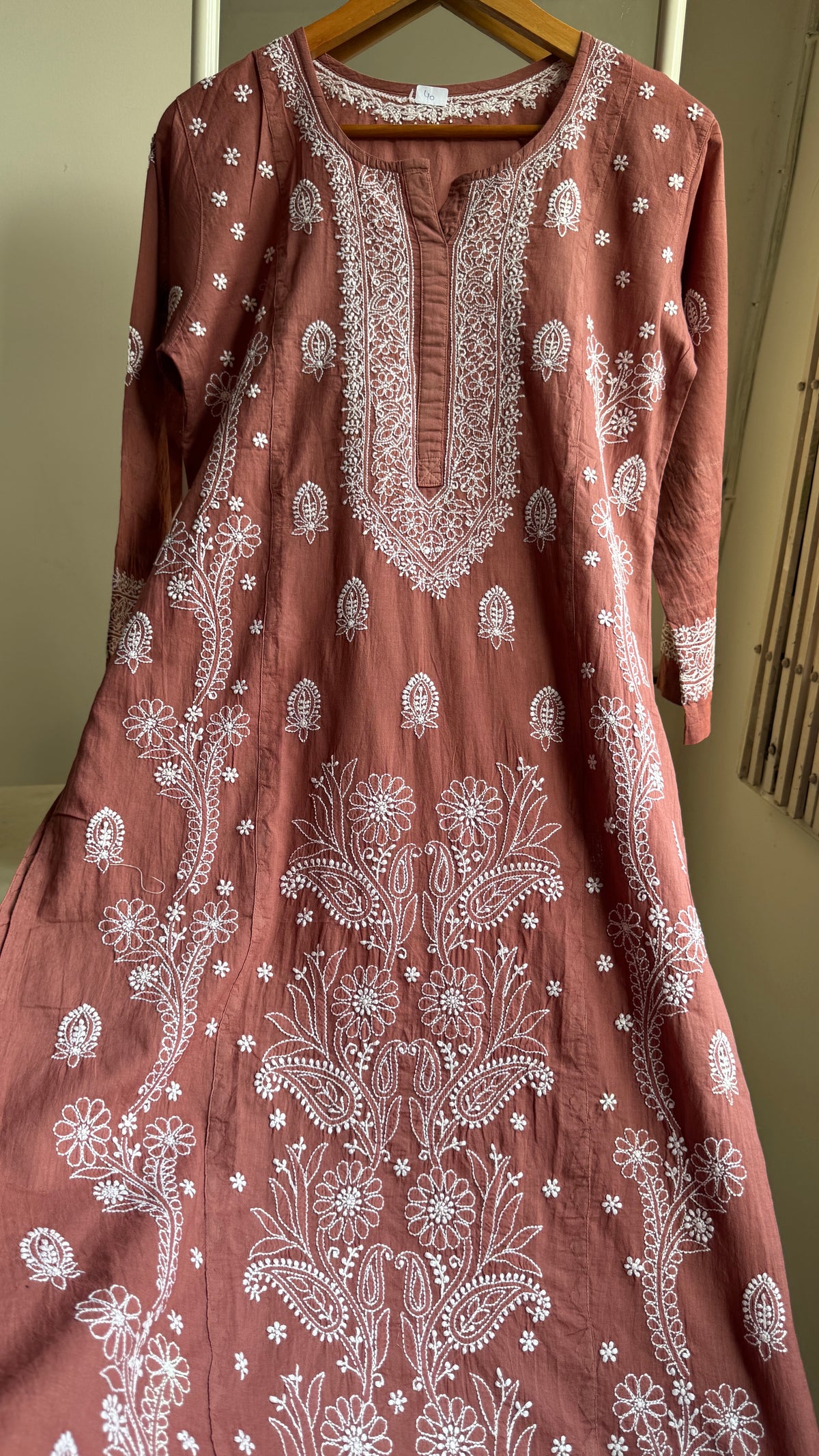 Mul Cotton Chikankari Kurti with white thread work - Brown - Fiza Collection