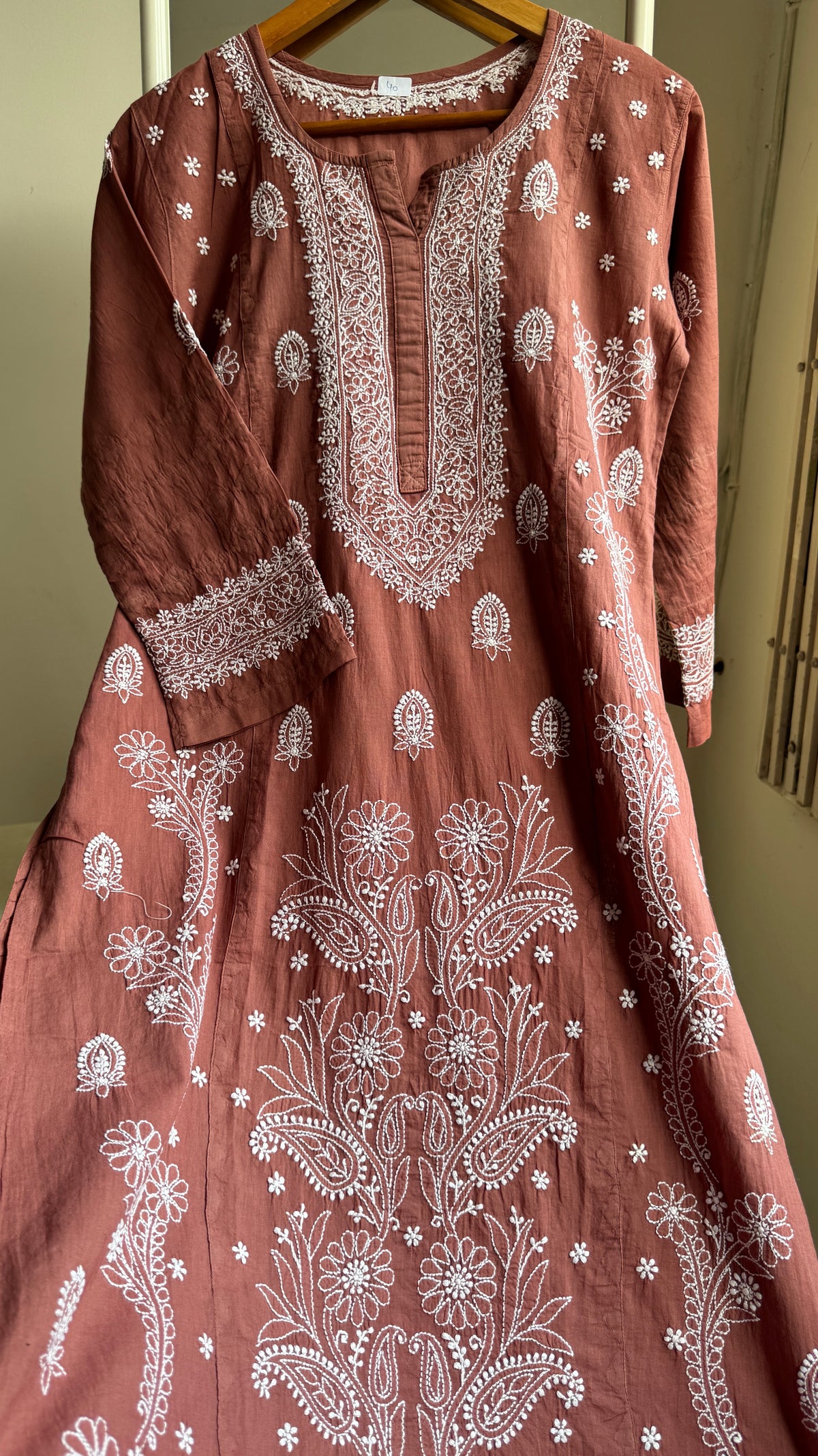 Mul Cotton Chikankari Kurti with white thread work - Brown - Fiza Collection