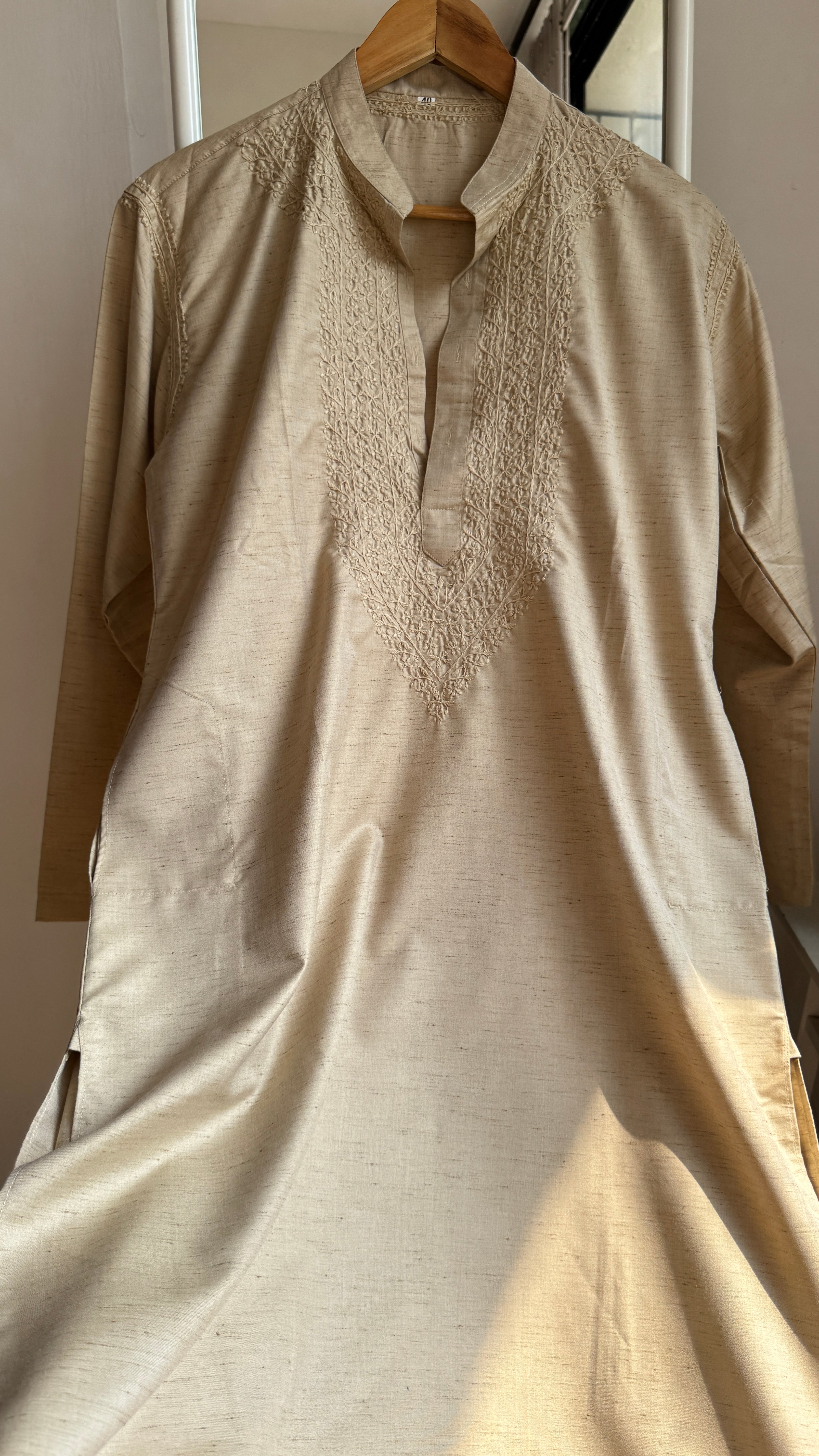 Cotton Chikankari Kurta - Beige  - Men's Collection