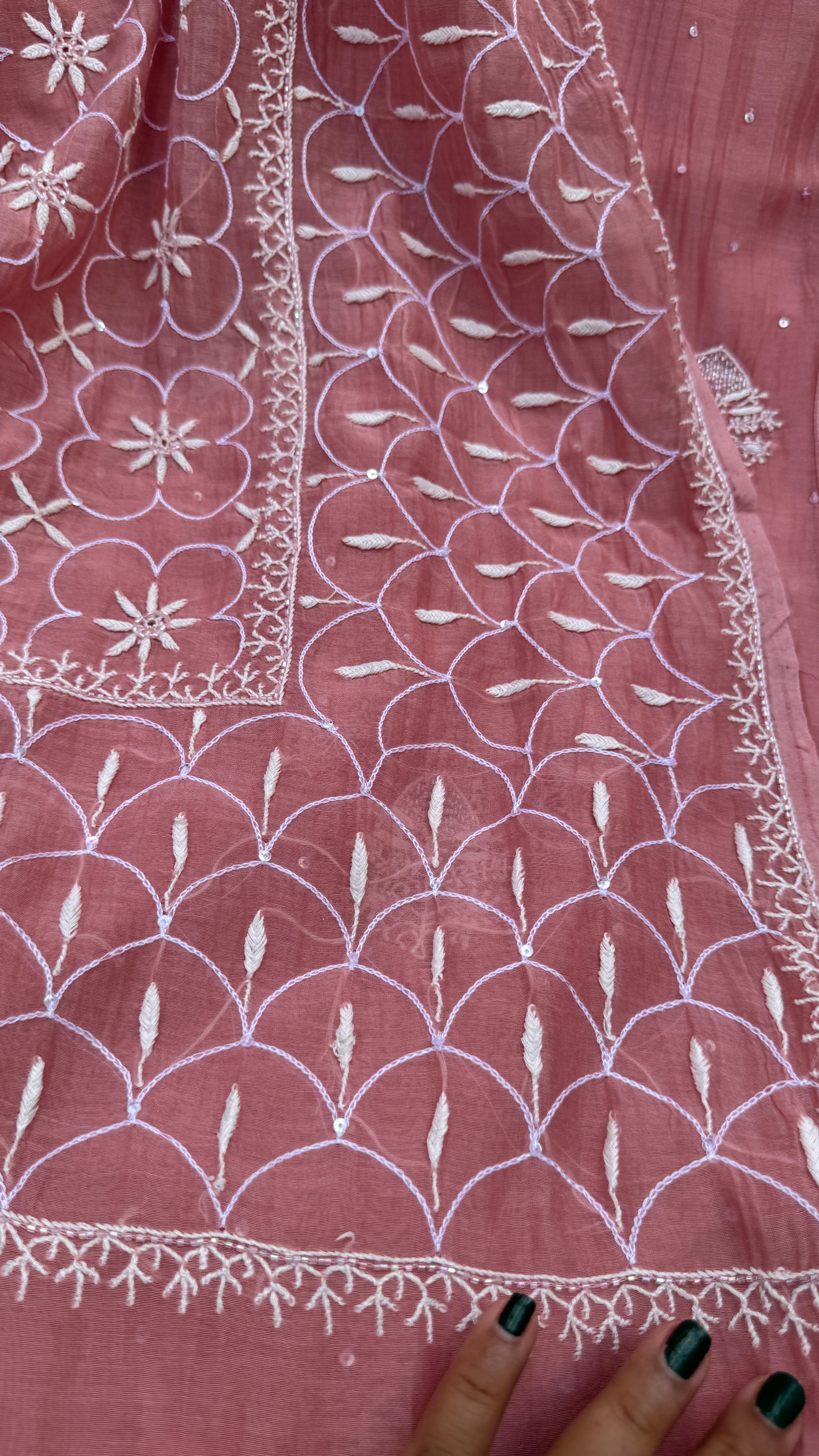 Mul Chanderi Chikankari - Unstitched Set - Rosewood